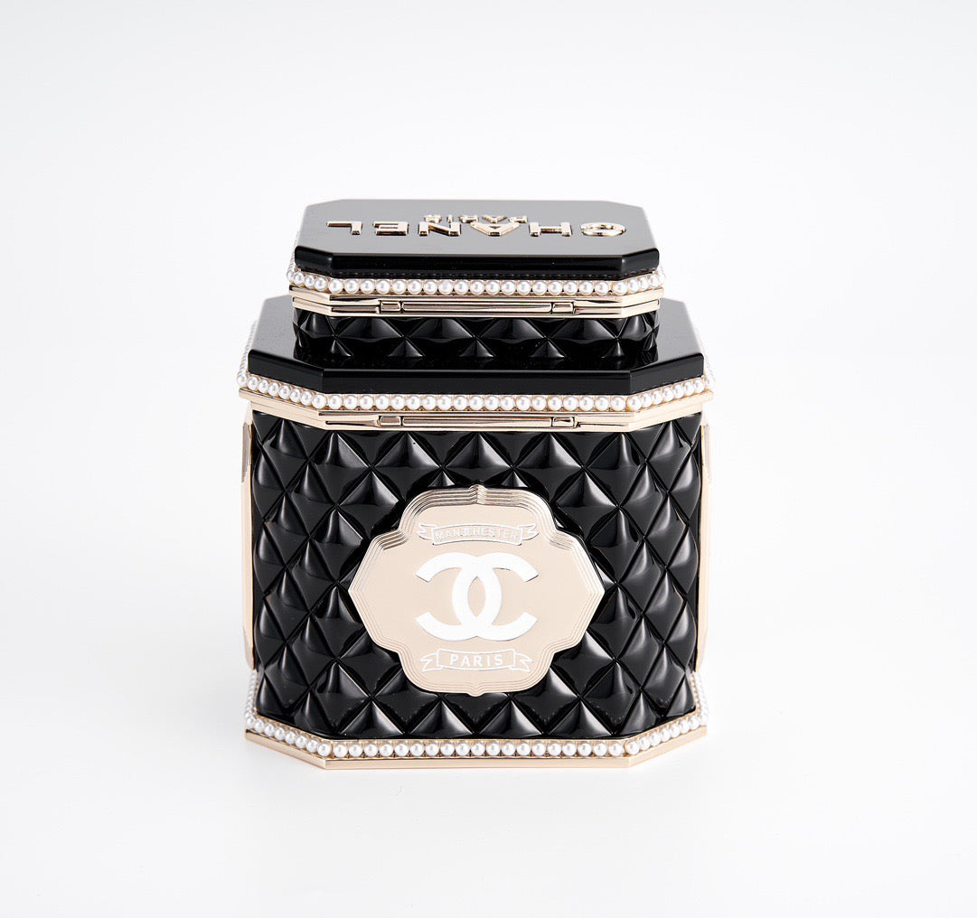 CHANEL - Limited Edition Black Quilted Resin Tea Box Minaudiere Imitation Pearl and Gold Hardware, 2024