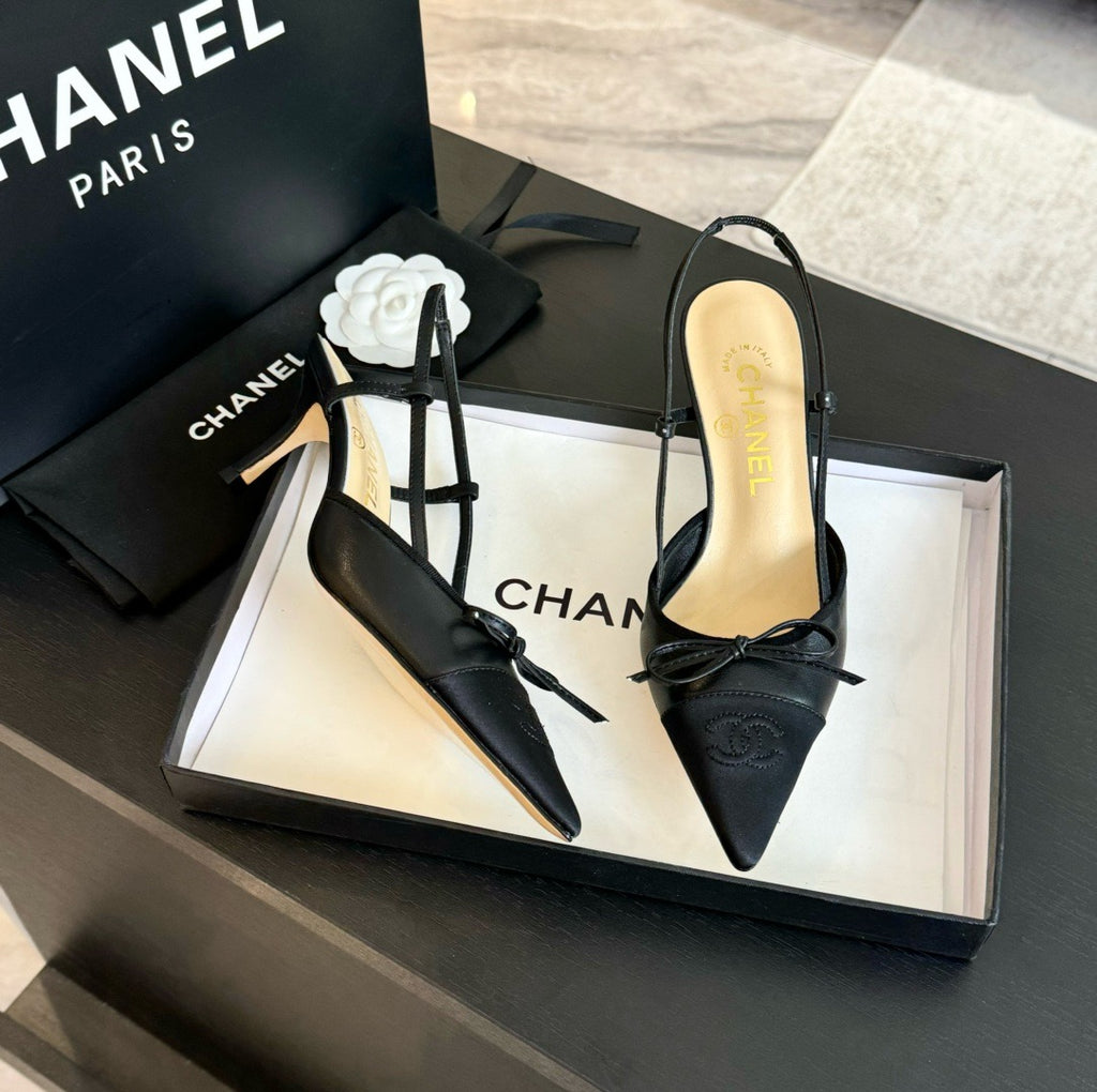 CHANEL - Vintage Iconic "CC"  Black Toe Cap Slingback Heels