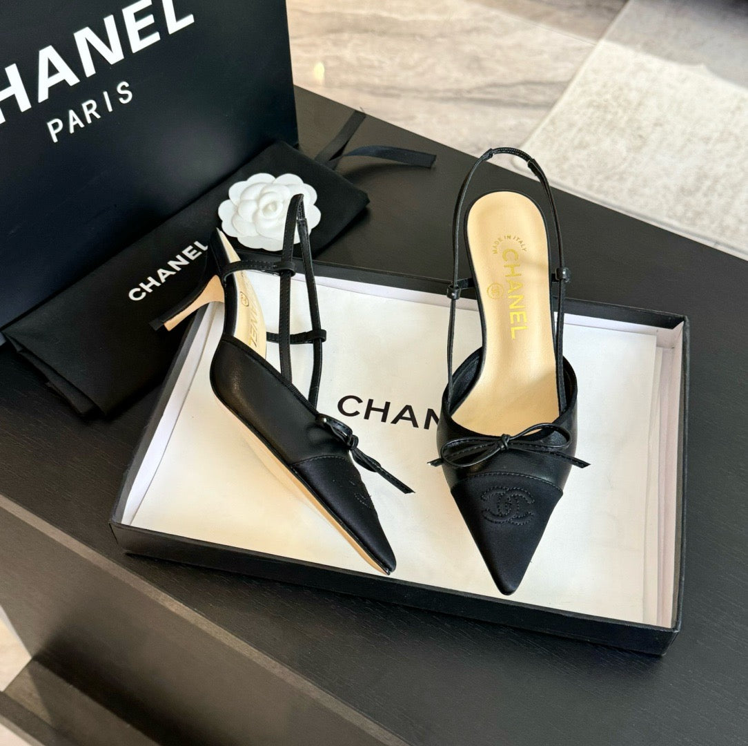 CHANEL - Vintage Iconic "CC"  Black Toe Cap Slingback Heels