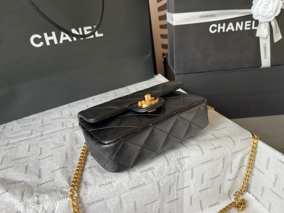 CHANE - Caviar Quilted Sweetheart Rectangular Flap Black