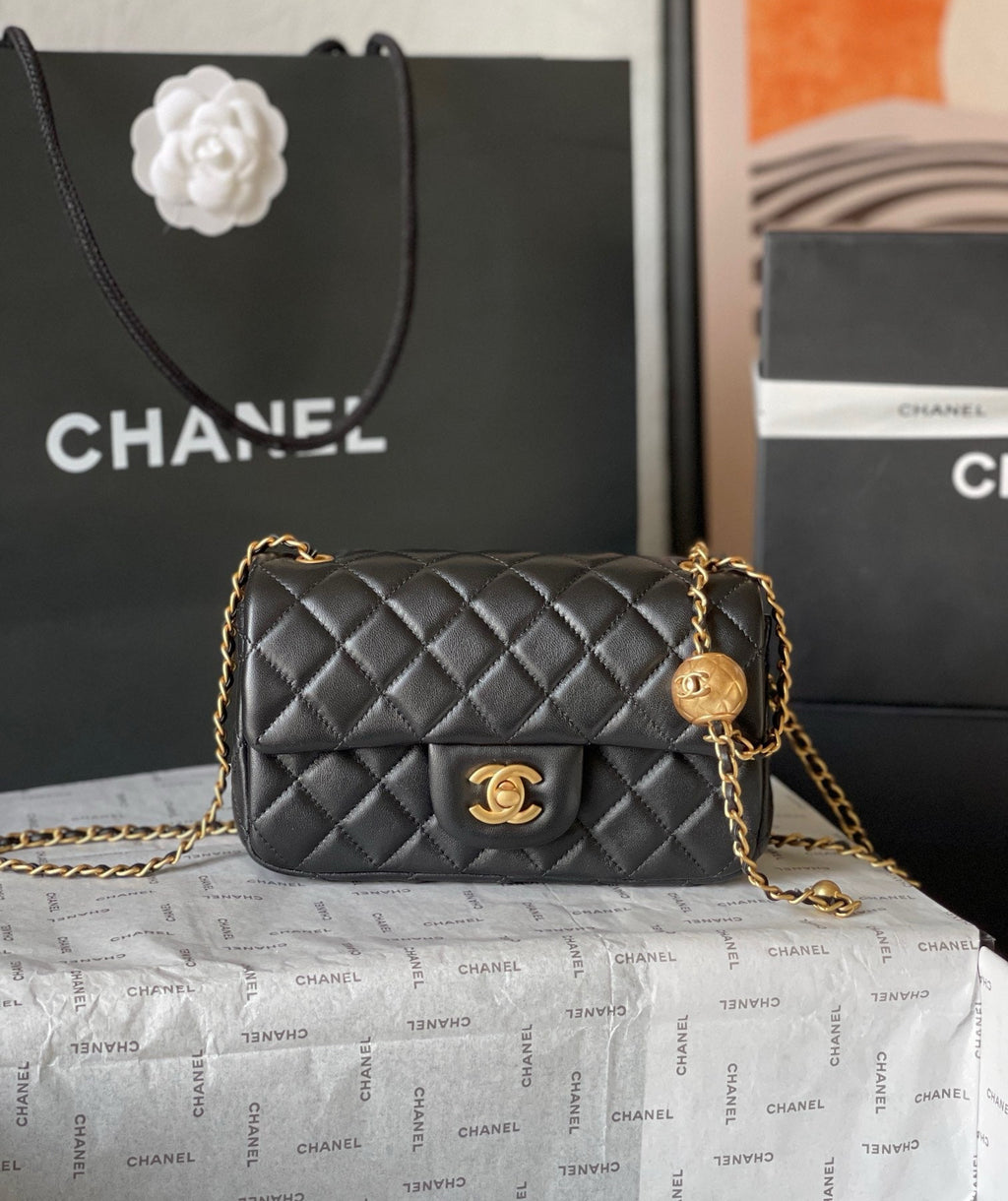 CHANEL - 24K Black Lambskin Pearl Crush Rectangular Classic Flap