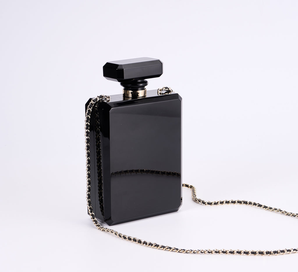 CHANEL - Chanel Balck/Gold Plexiglass Perfume Bottle Evening Bag