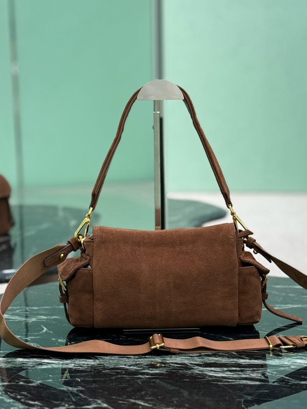 PRADA - Explore medium suede shoulder bag with flap
