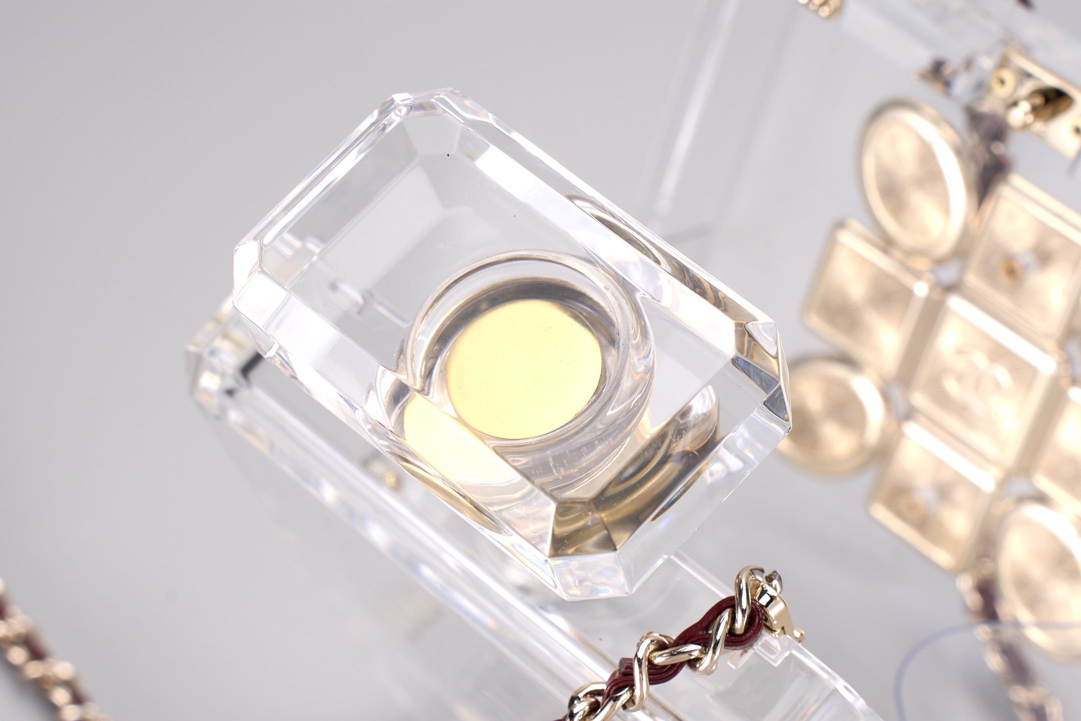 CHANEL - Chanel Clear/Gold Plexiglass Perfume Bottle Evening Bag