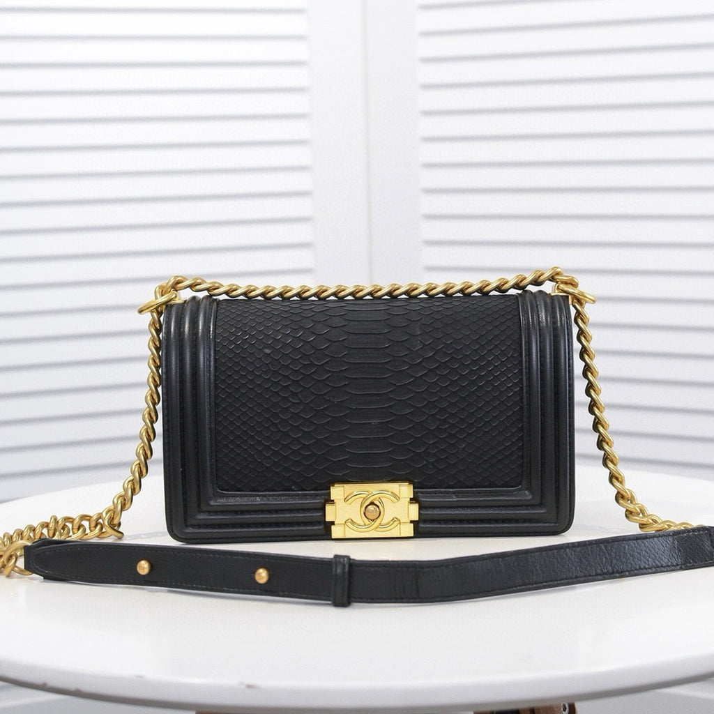 CHANEL - Exotics Small Boy Bag Black Python Molurus Leather