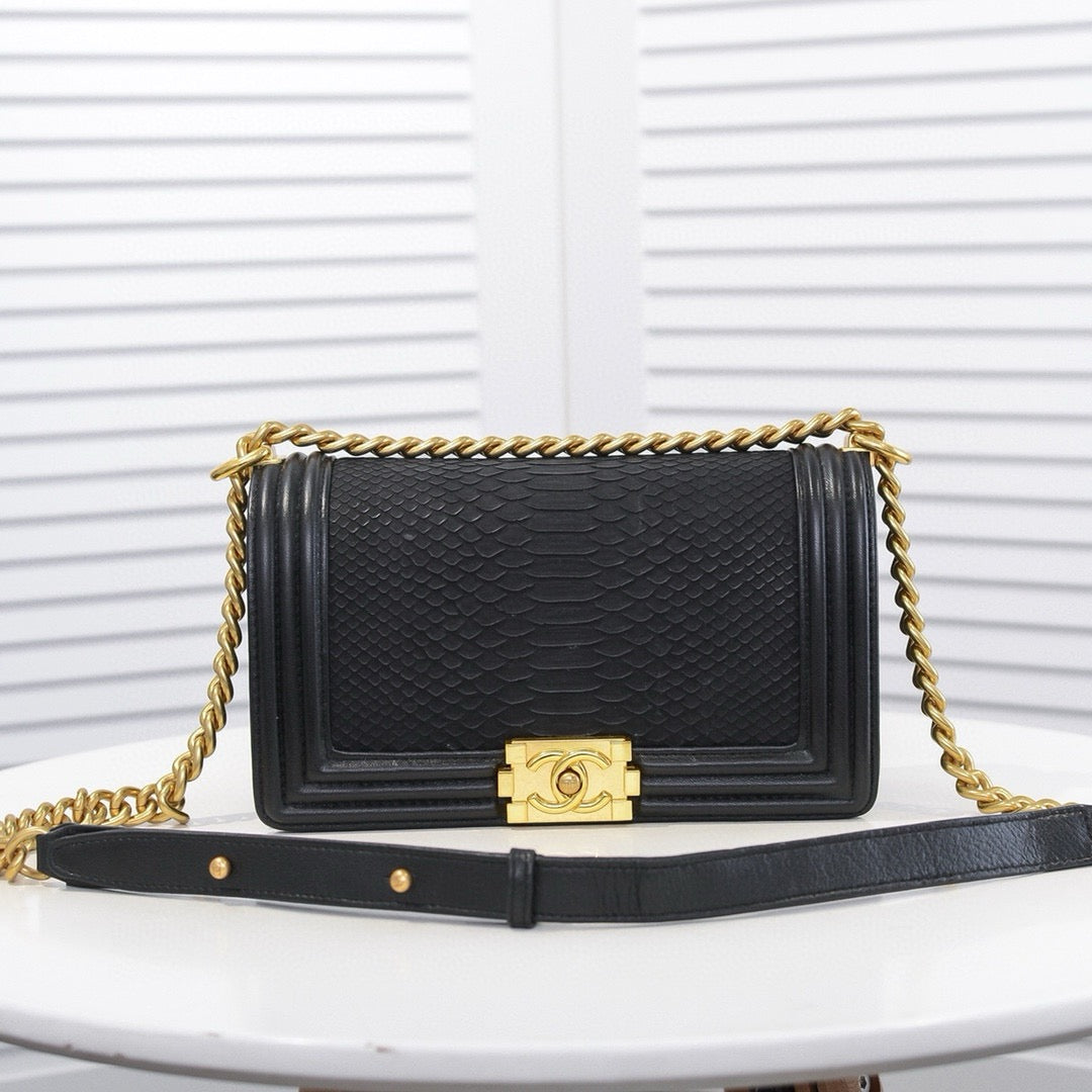 CHANEL - Exotics Small Boy Bag Black Python Molurus Leather