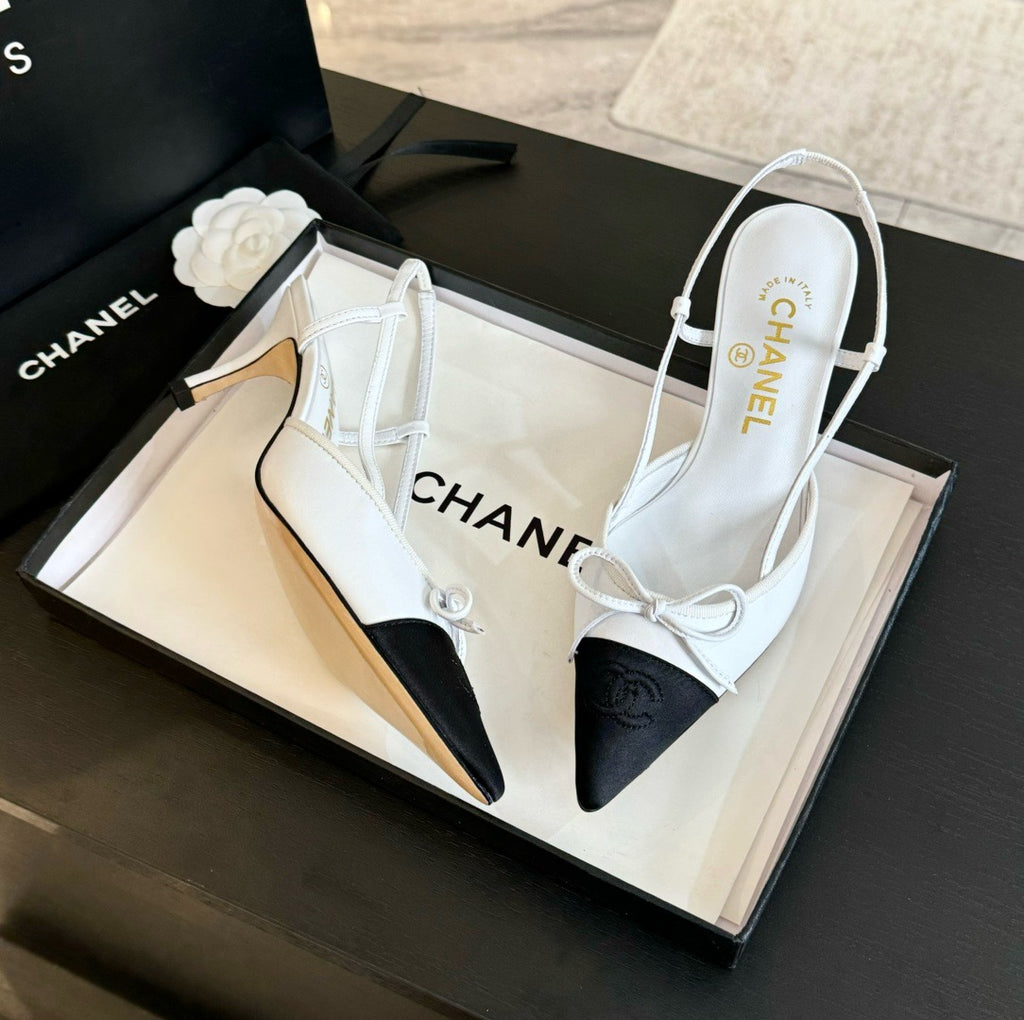 CHANEL - Vintage Iconic "CC" White & Black Toe Cap Slingback Heels