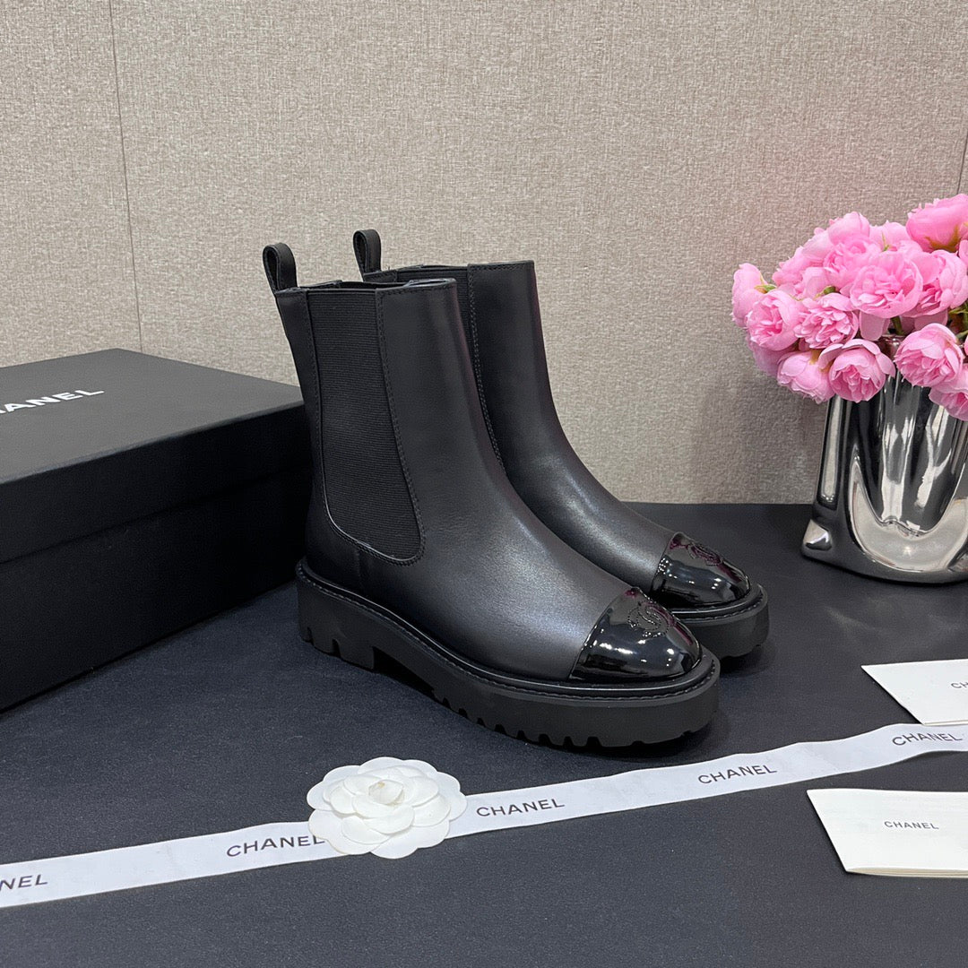 CHANEL - Crumpled Calfskin Patent Cap Toe Short Boots