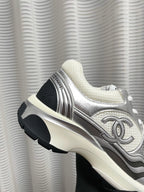 CHANEL - Fabric Laminated Calfskin Stretch CC Sneakers 38 White Silver