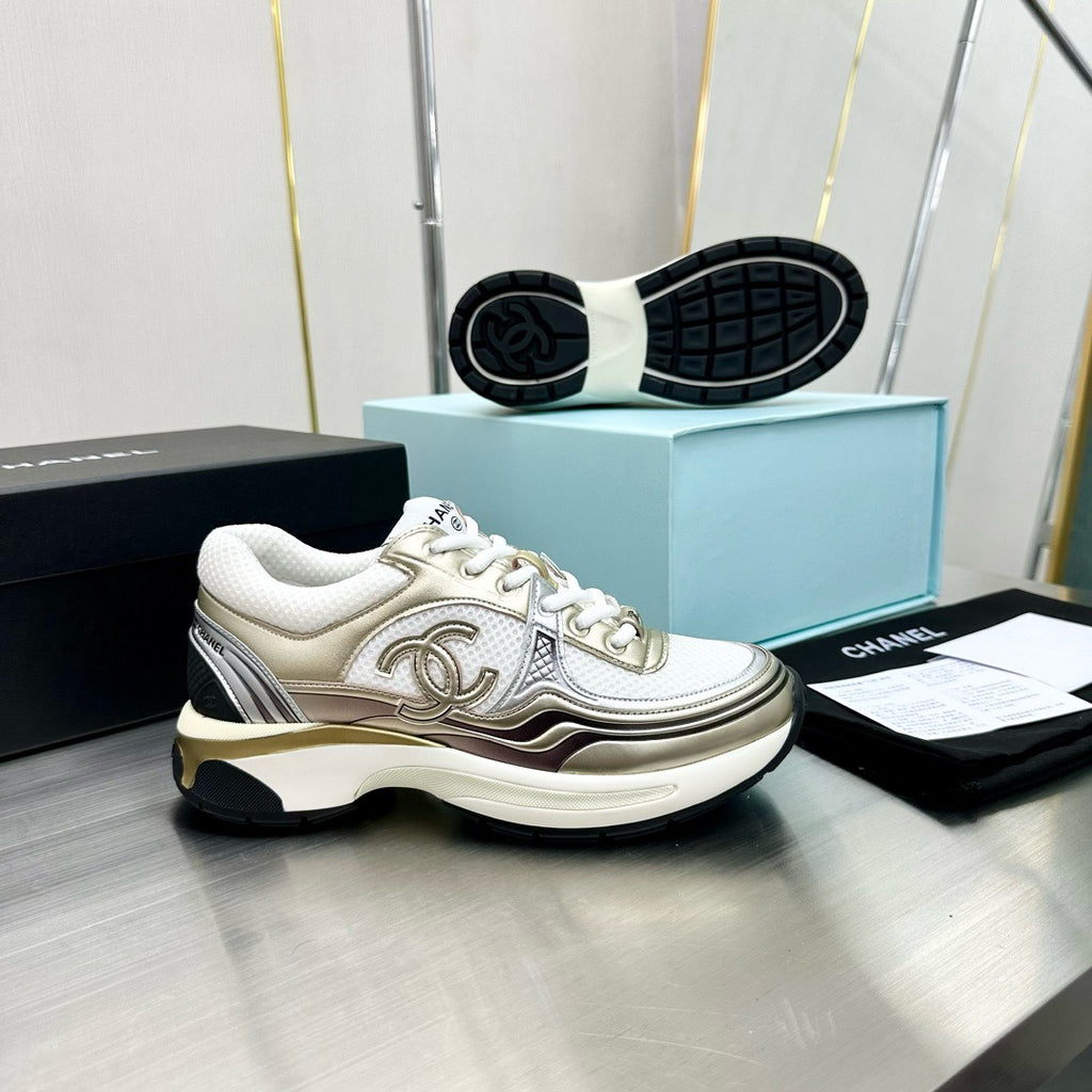 CHANEL - Fabric Laminated Calfskin Stretch CC Sneakers 38 White Gold Silver
