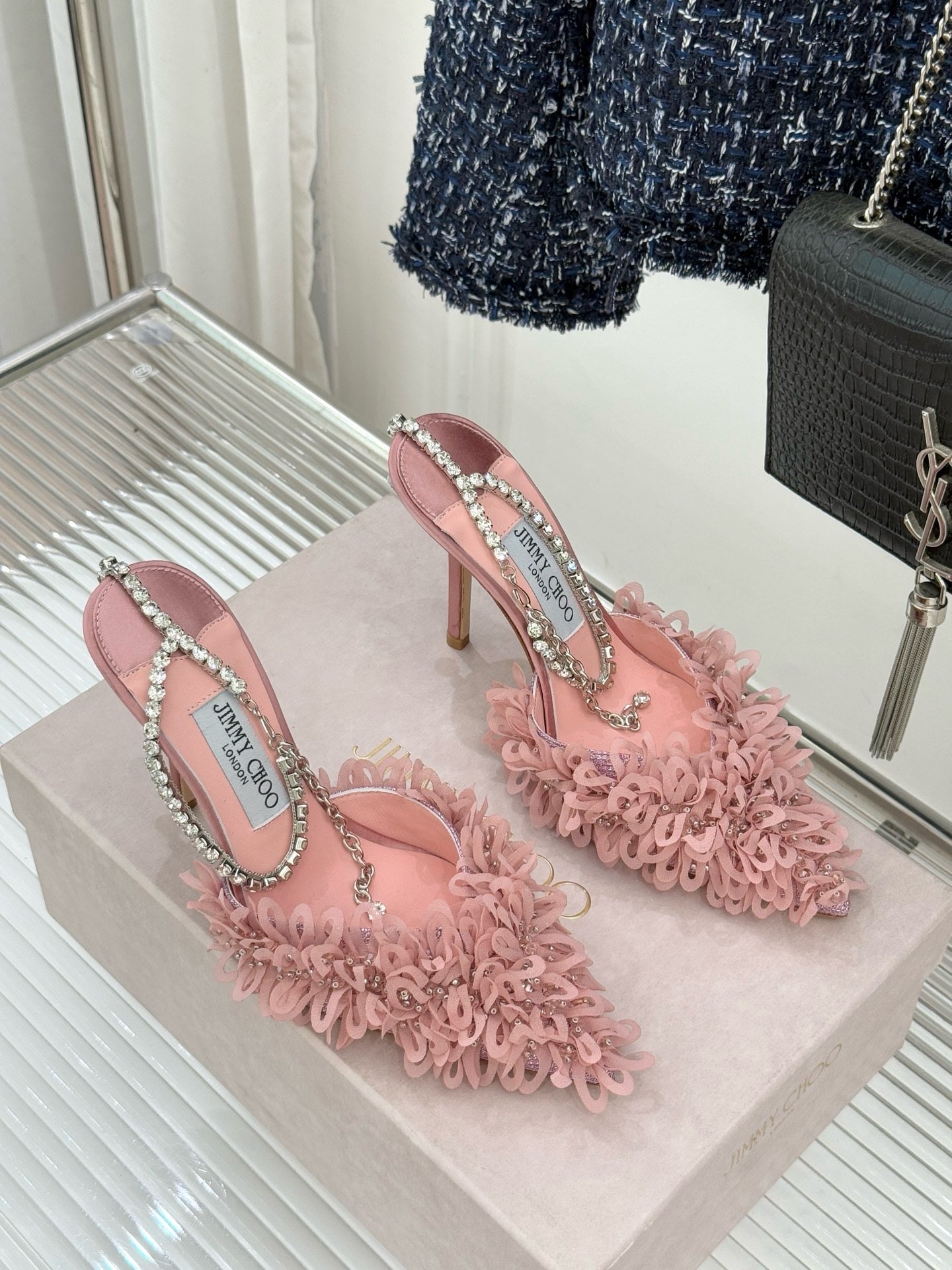 JIMMY CHOO - Mesh Pumps with Petal Embroidery and Crystal Chain