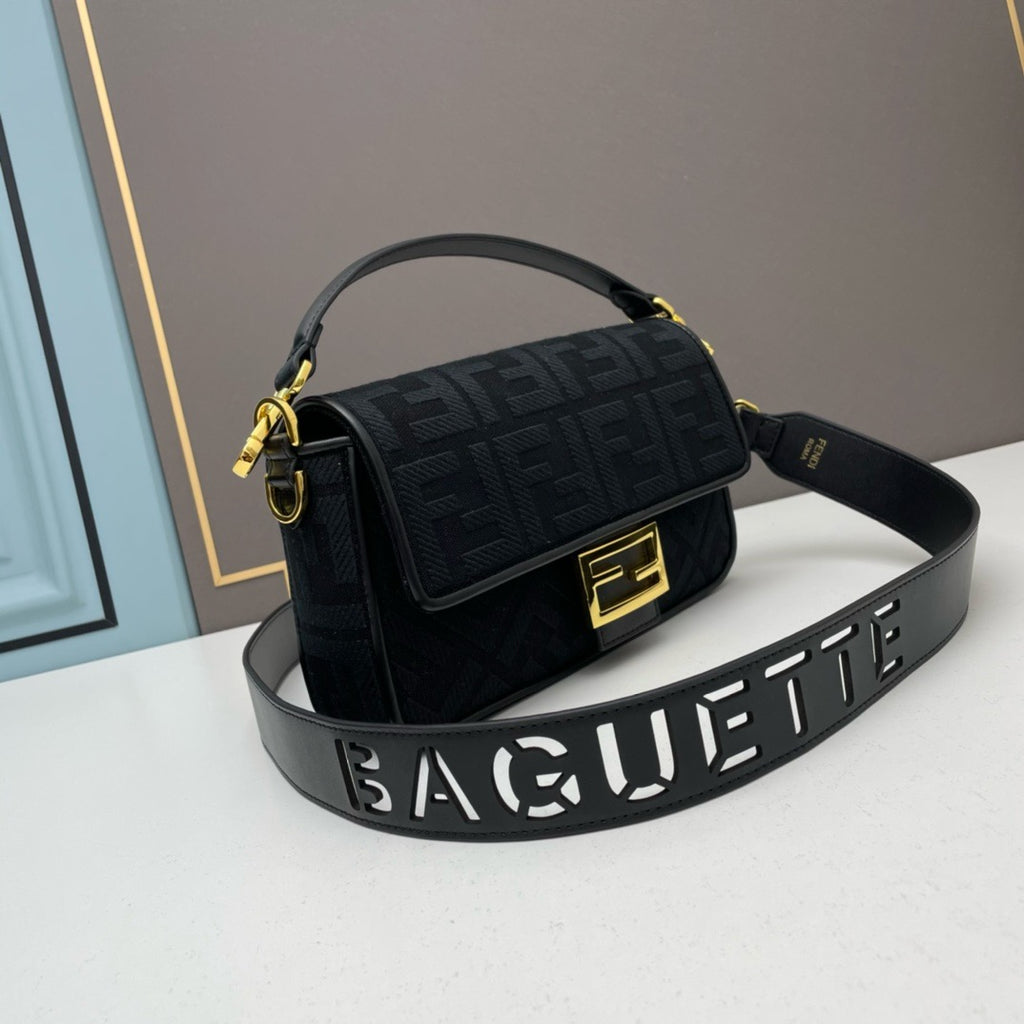 FENDI - Extra Baby black FF Cotton Canvas Medium Baguette Bag