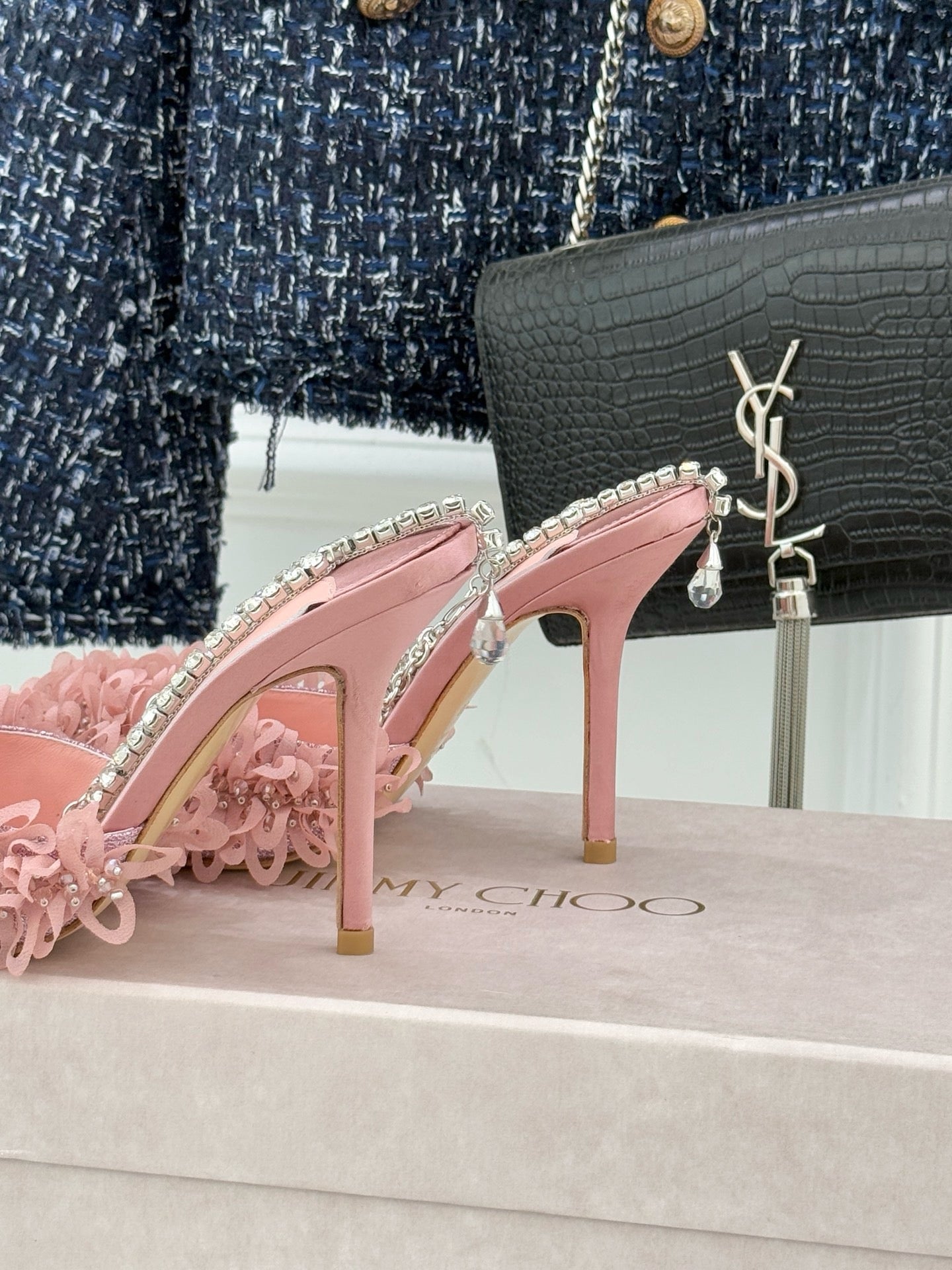 JIMMY CHOO - Mesh Pumps with Petal Embroidery and Crystal Chain