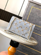 CHANEL - 21A Pearl Strass Crystal CC Medium Classic Double Flap Bag in Grey Wool Twill