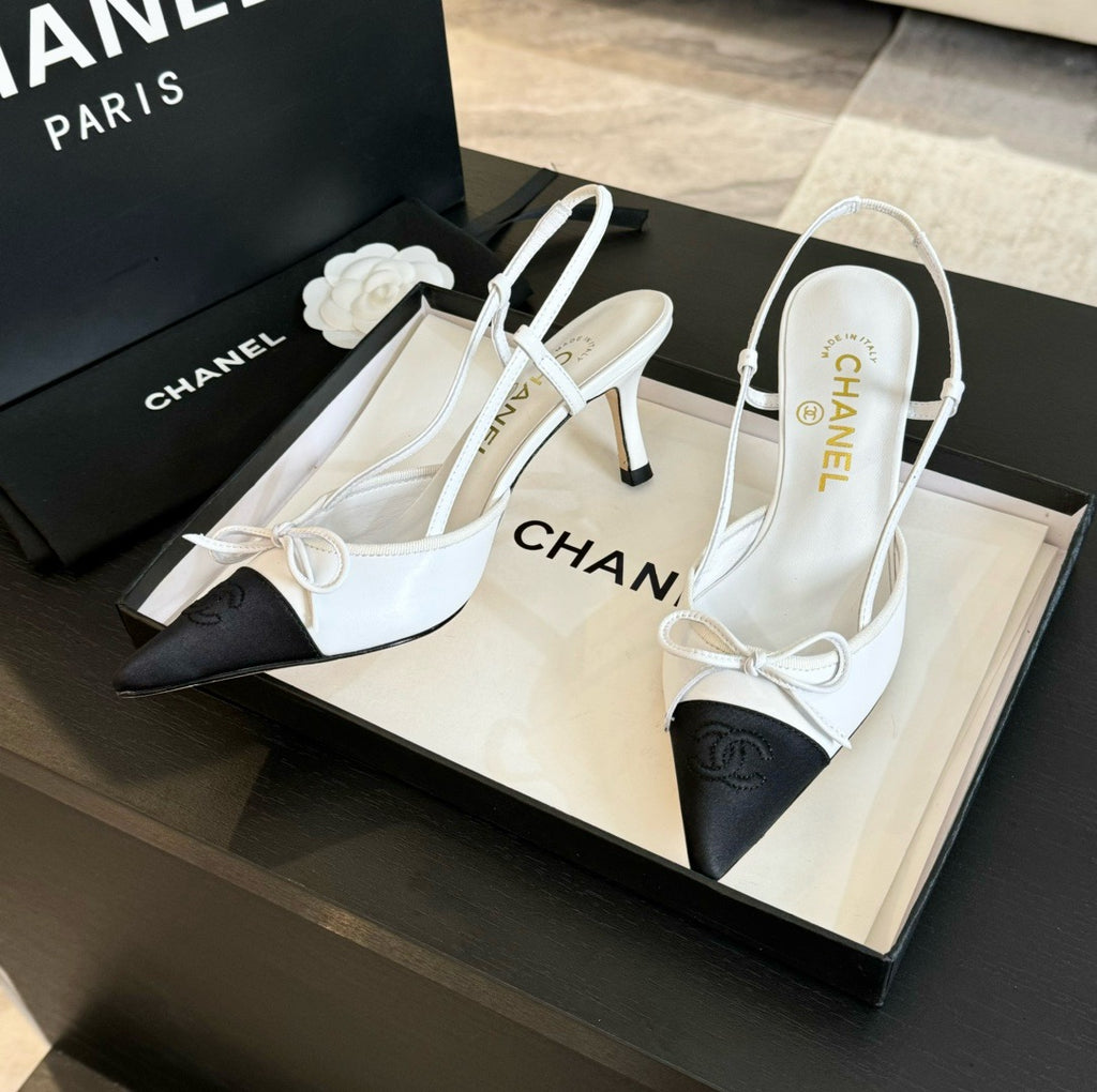 CHANEL - Vintage Iconic "CC" White & Black Toe Cap Slingback Heels