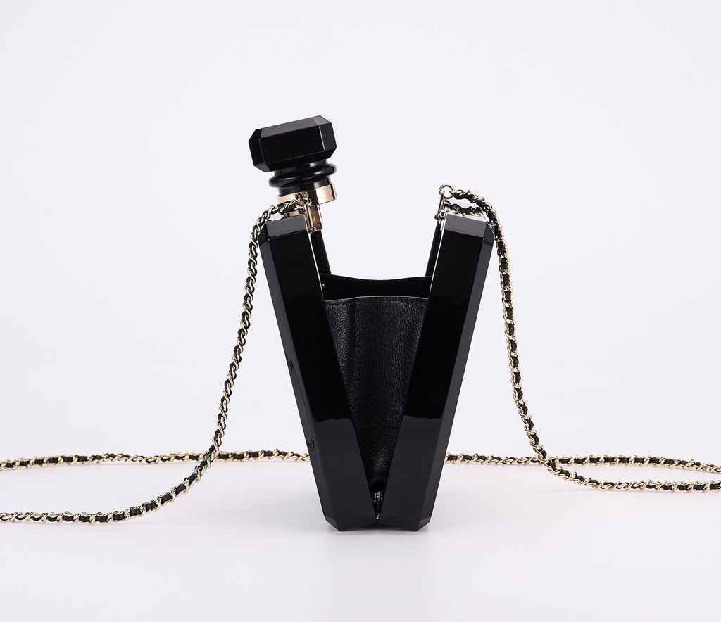 CHANEL - Chanel Balck/Gold Plexiglass Perfume Bottle Evening Bag