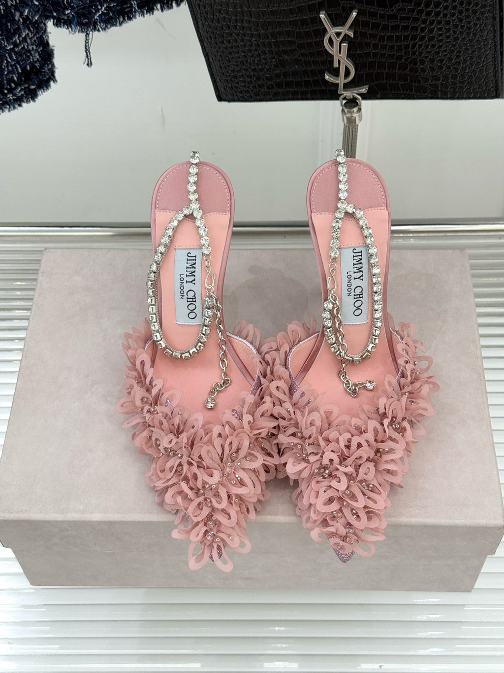 JIMMY CHOO - Mesh Pumps with Petal Embroidery and Crystal Chain