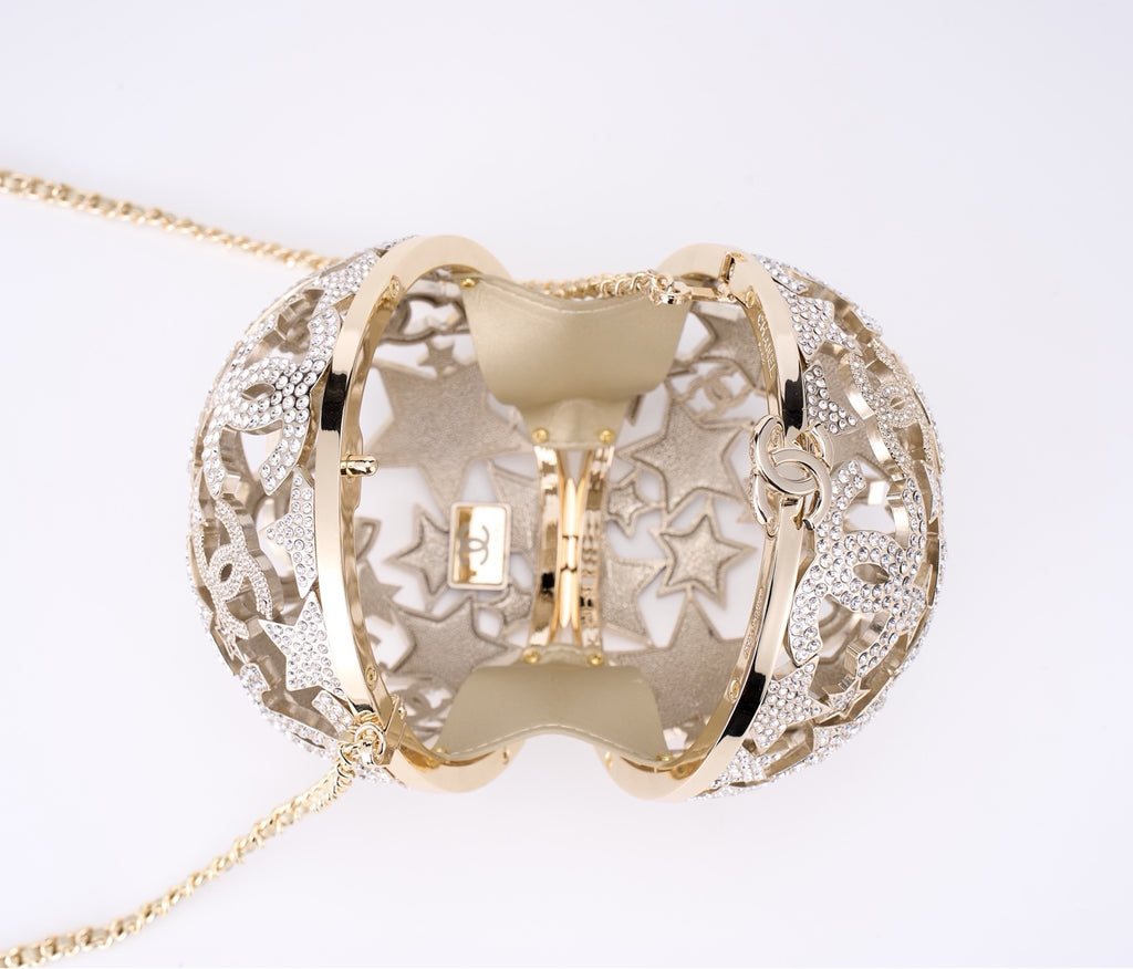 CHANEL - Gold Metal Strass Crystal Sphere Minaudiere Clutch Gold Hardware, 2025