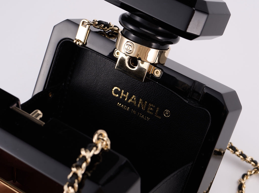 CHANEL - Chanel Balck/Gold Plexiglass Perfume Bottle Evening Bag