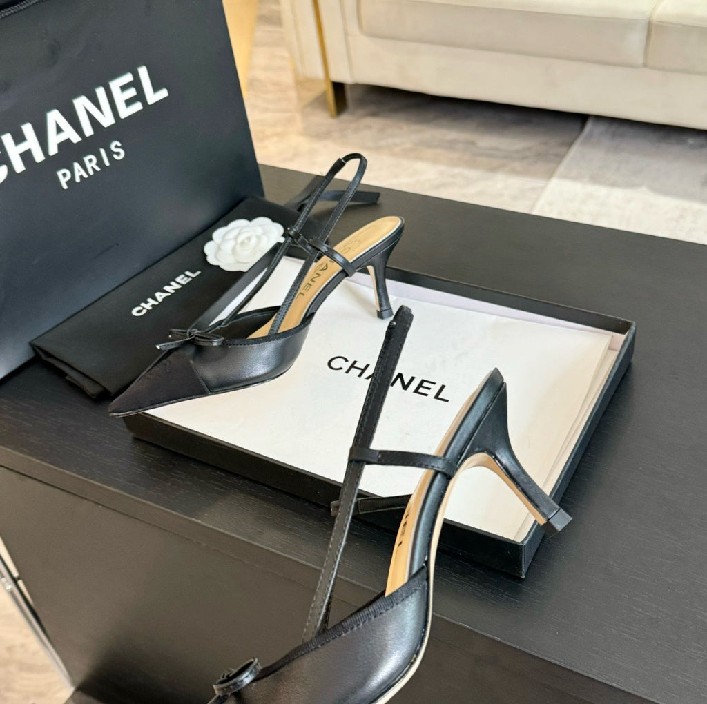 CHANEL - Vintage Iconic "CC"  Black Toe Cap Slingback Heels