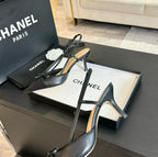 CHANEL - Vintage Iconic "CC"  Black Toe Cap Slingback Heels