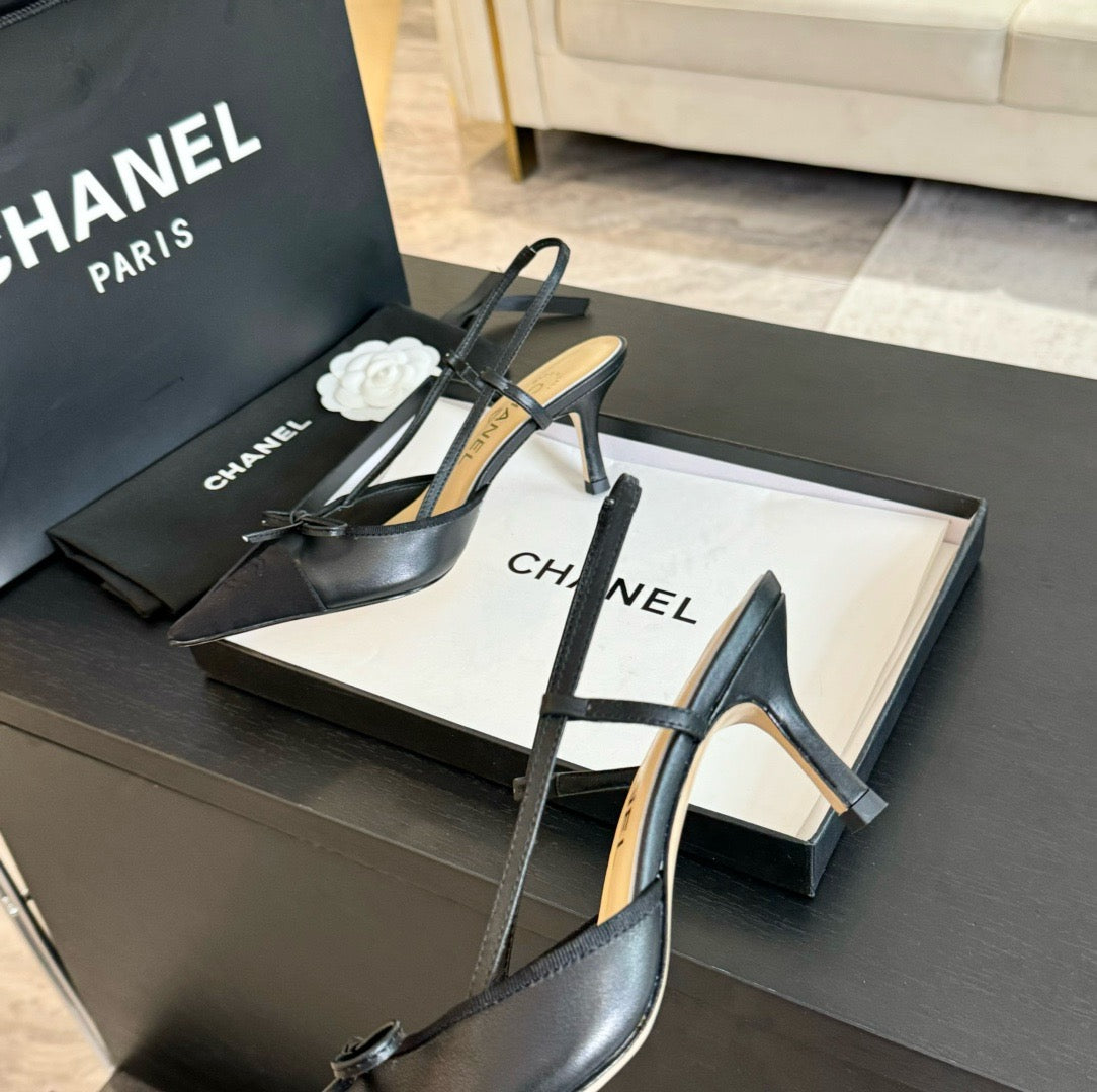 CHANEL - Vintage Iconic "CC"  Black Toe Cap Slingback Heels