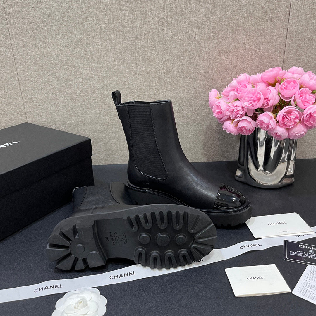CHANEL - Crumpled Calfskin Patent Cap Toe Short Boots