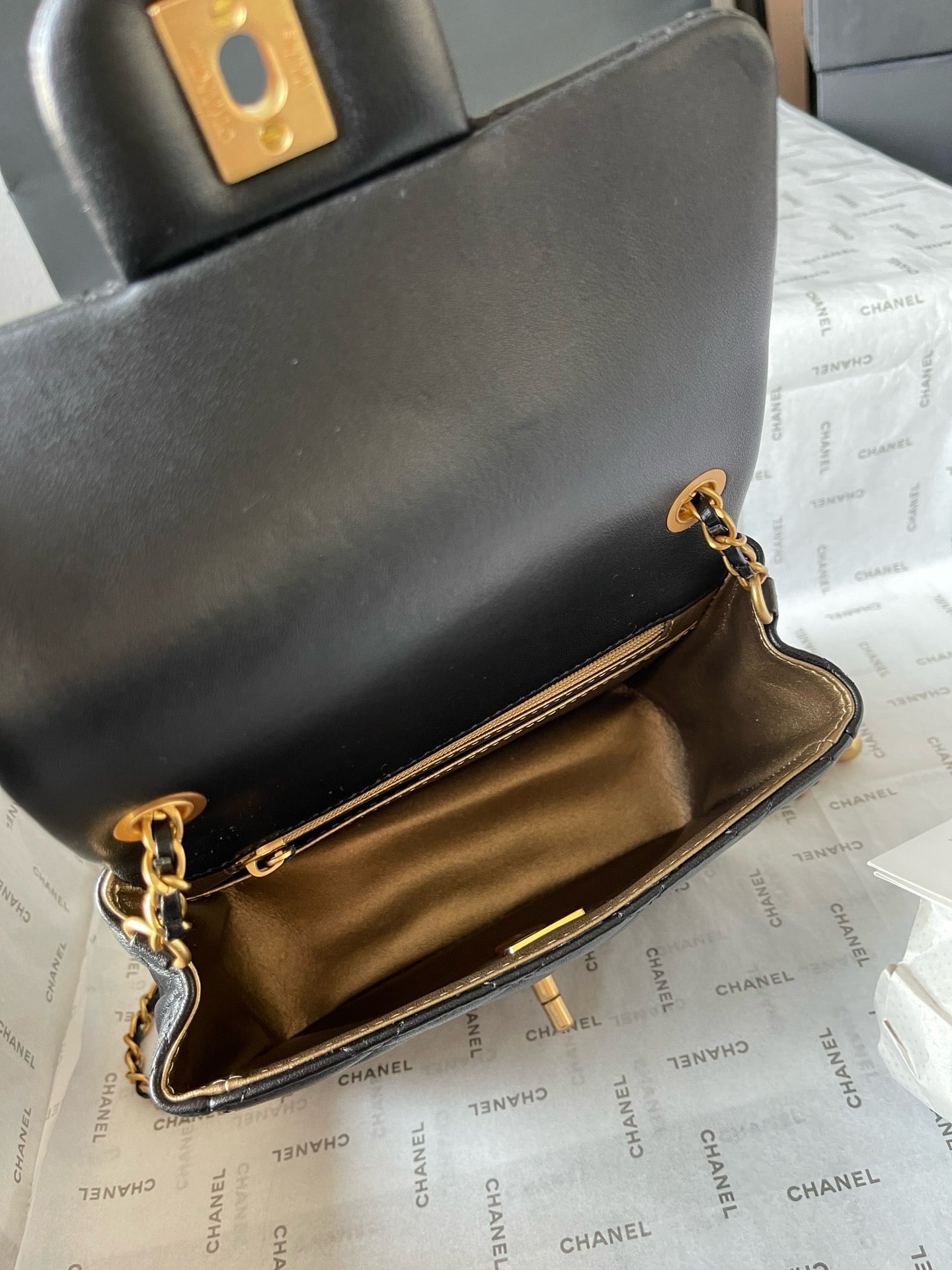 CHANE - 24K Black Lambskin Pearl Crush Rectangular Mini Classic Flap