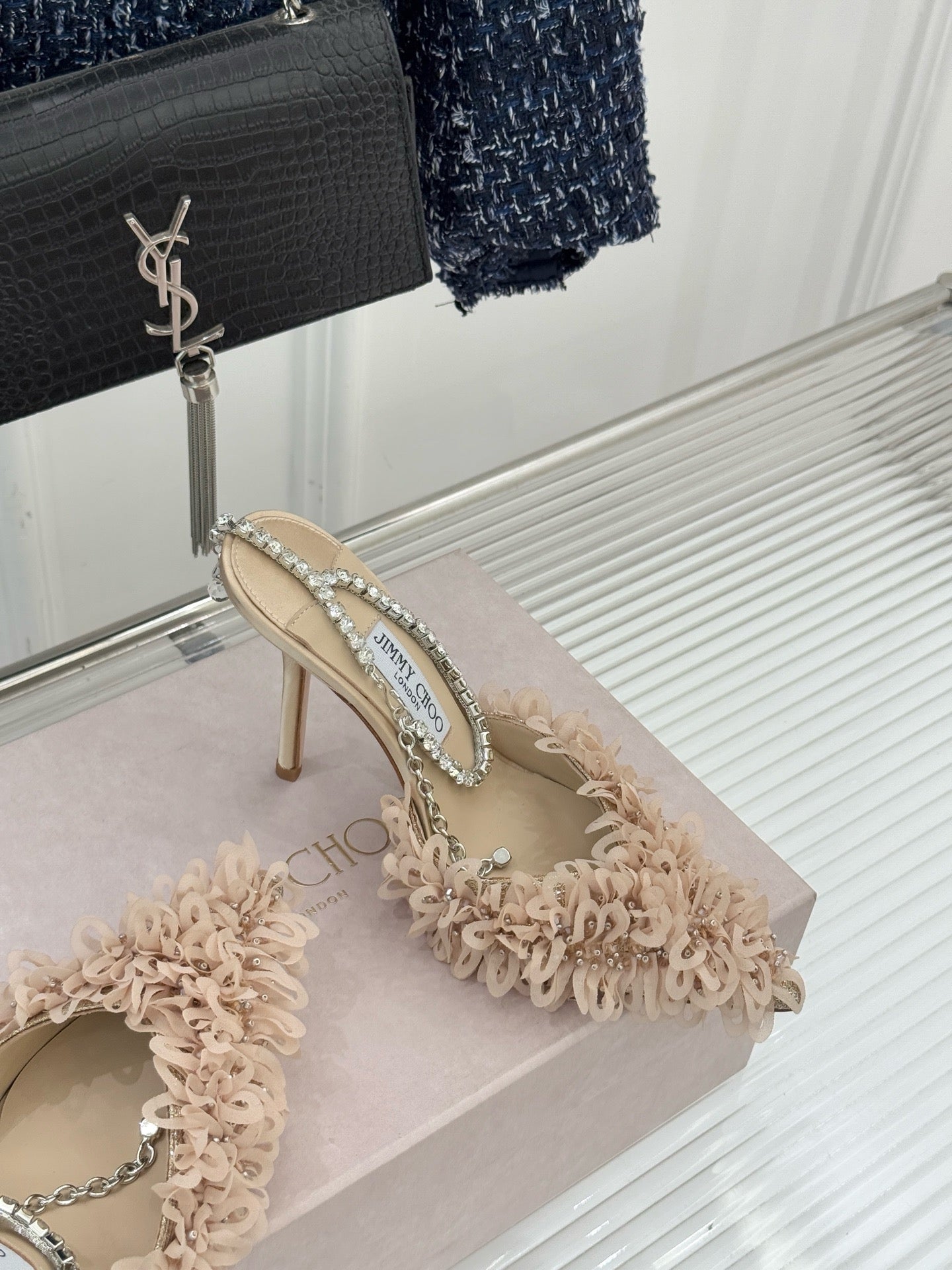 JIMMY CHOO - Mesh Pumps with Petal Embroidery and Crystal Chain