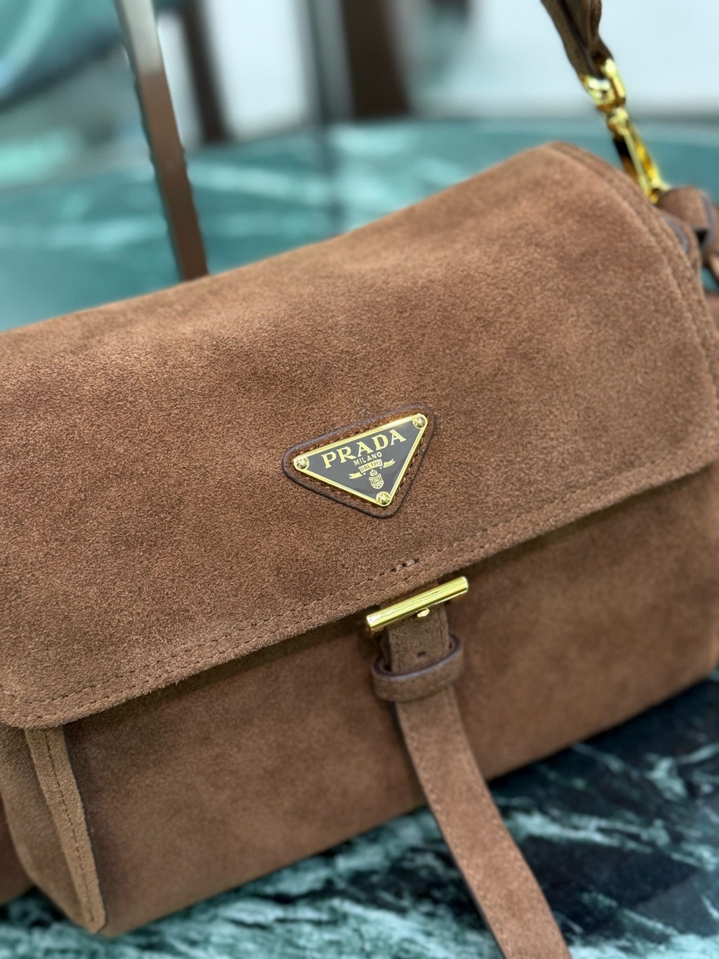 PRADA - Explore medium suede shoulder bag with flap