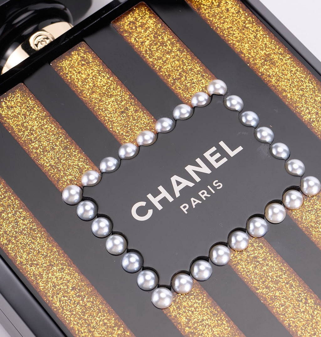 CHANEL - Chanel Balck/Gold Plexiglass Perfume Bottle Evening Bag