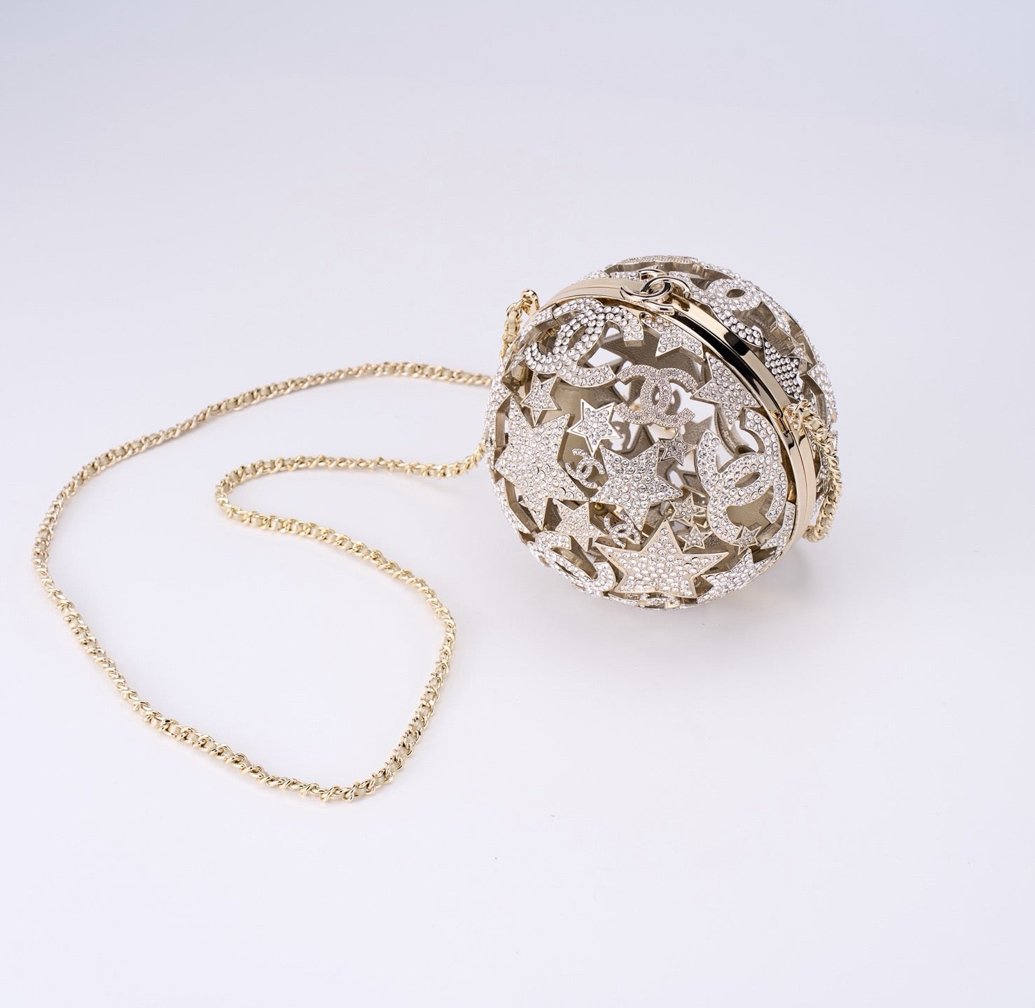 CHANEL - Gold Metal Strass Crystal Sphere Minaudiere Clutch Gold Hardware, 2025