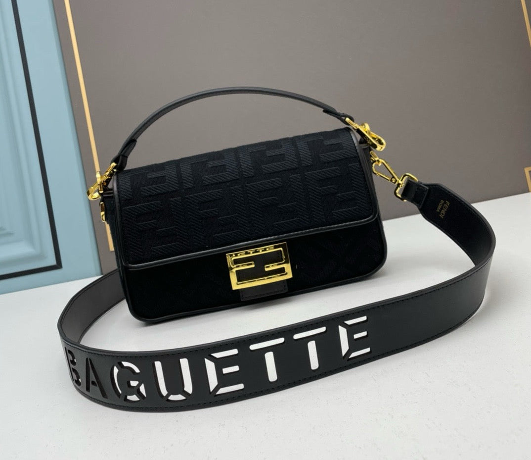 FENDI - Extra Baby black FF Cotton Canvas Medium Baguette Bag