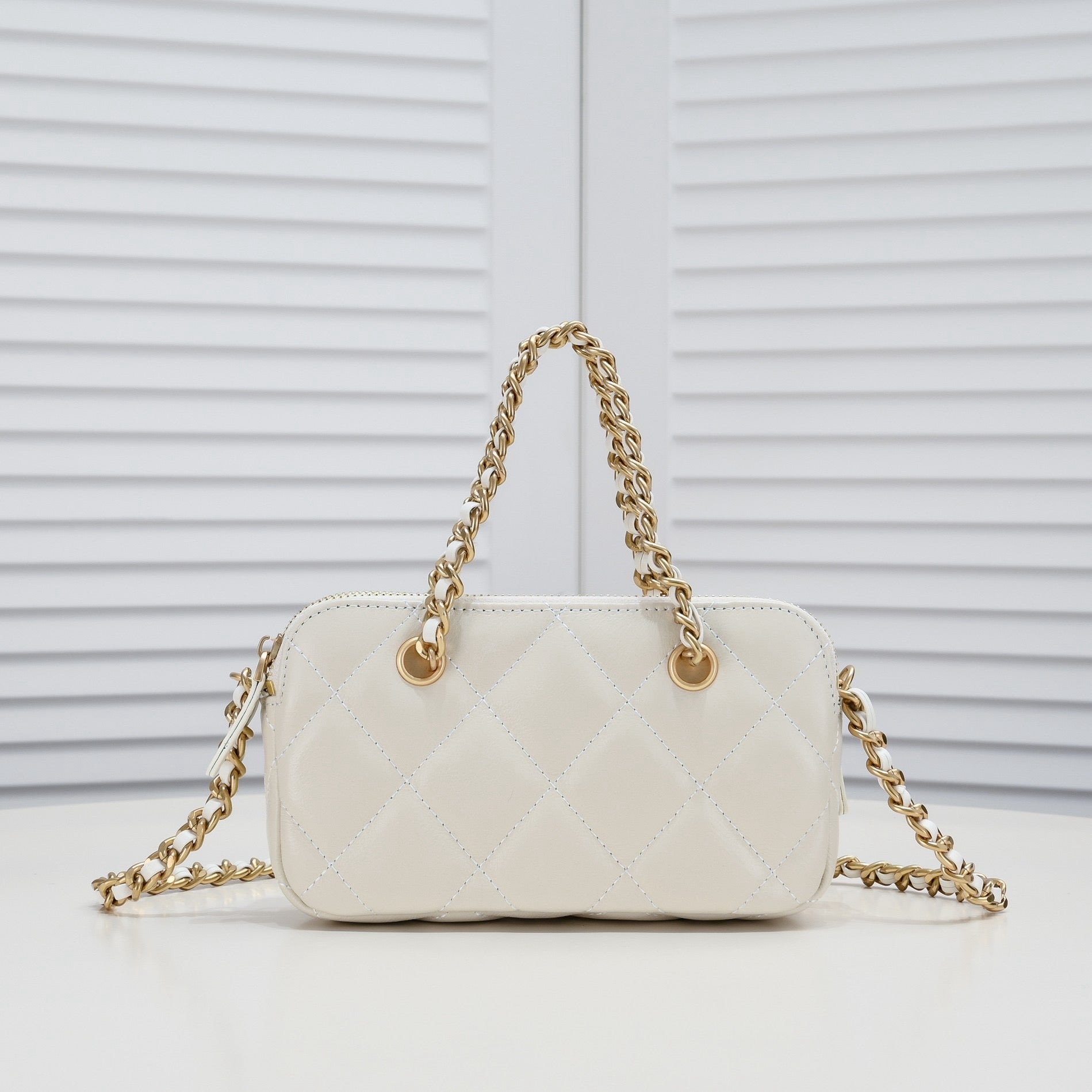 CHANEL -  Caviar Quilted Clutch With Chain White