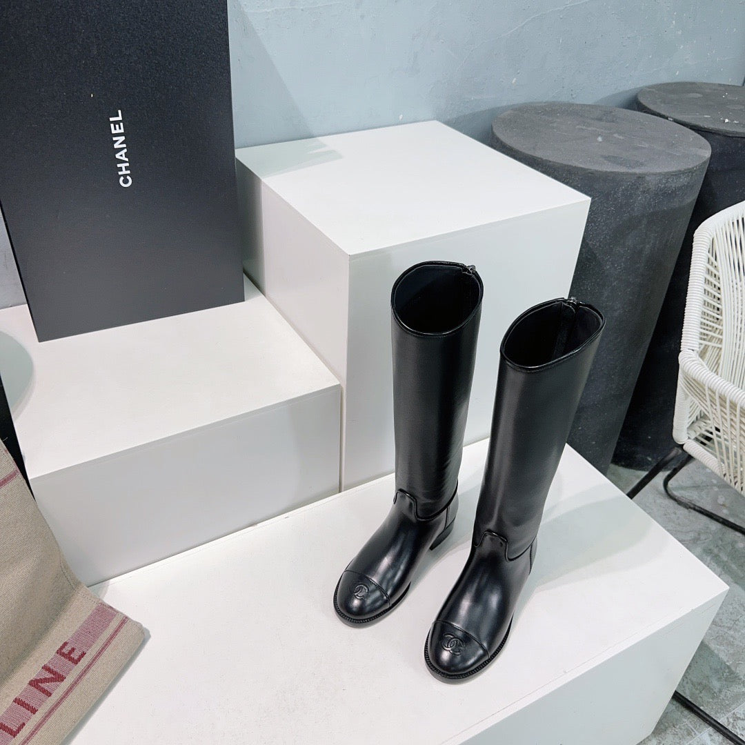CHANEL - Chanel Calfskin Cap Toe CC Riding Boots