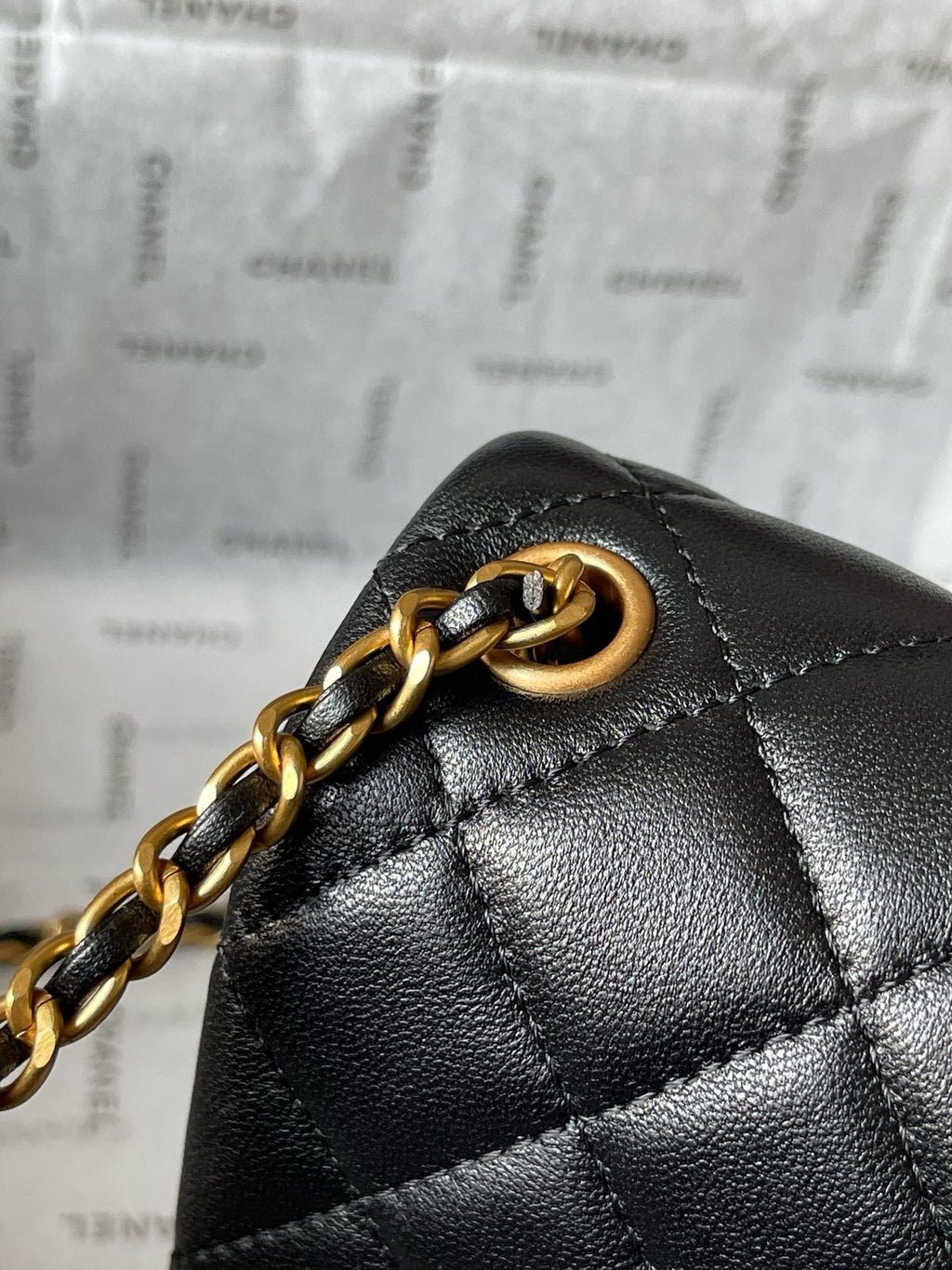 CHANE - 24K Black Lambskin Pearl Crush Rectangular Mini Classic Flap