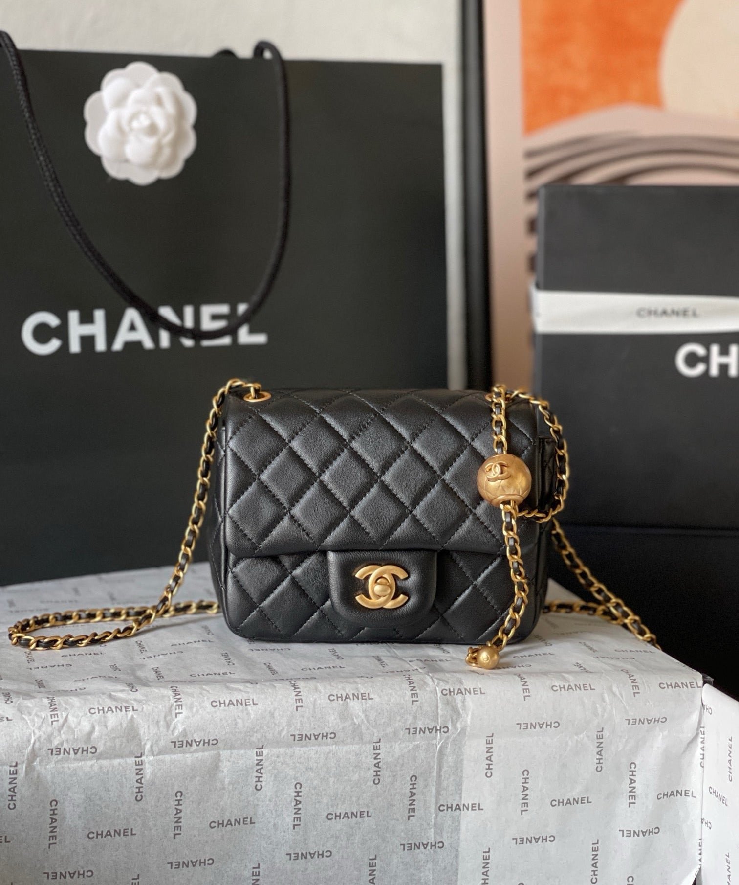 CHANE - 24K Black Lambskin Pearl Crush Rectangular Mini Classic Flap