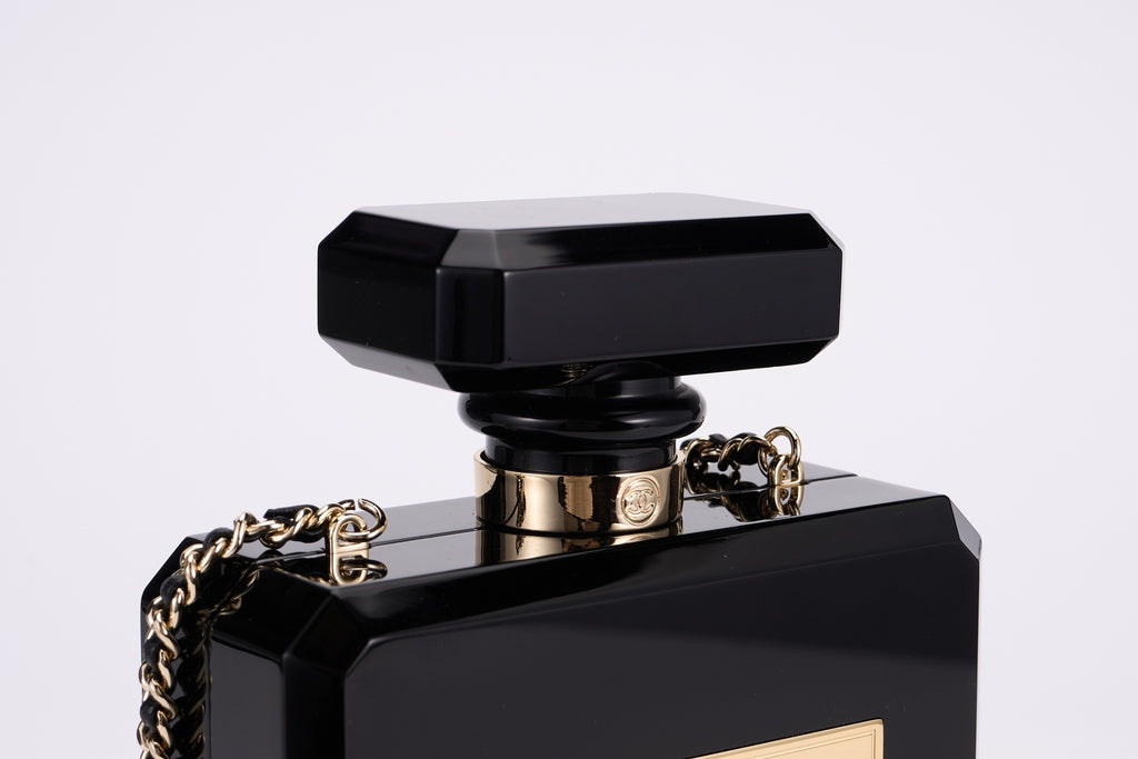 CHANEL - Chanel Balck/Gold Plexiglass Perfume Bottle Evening Bag