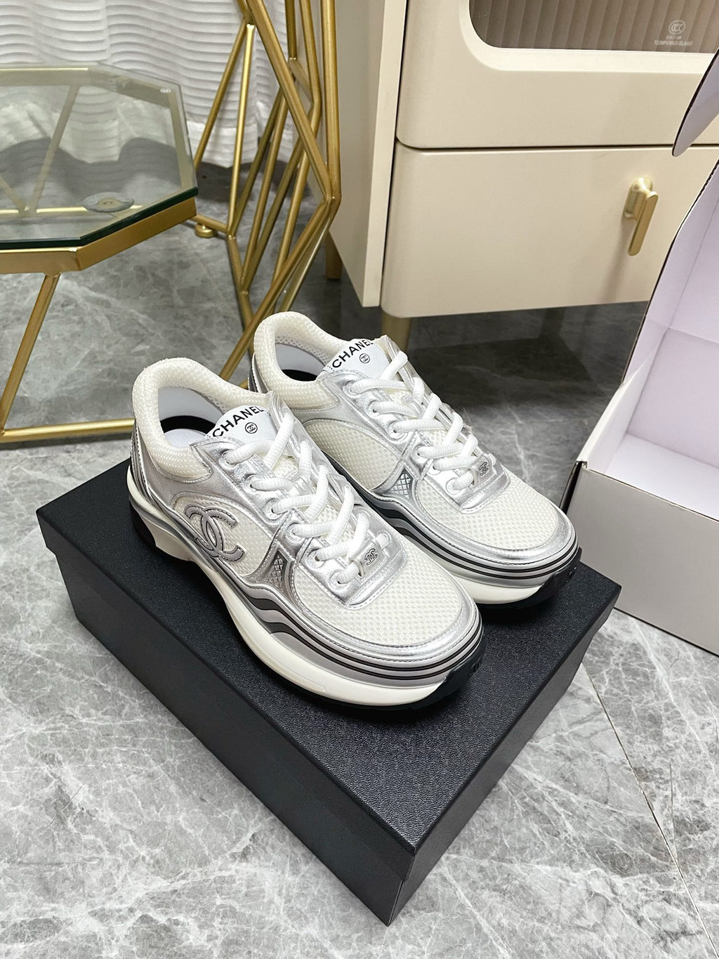 CHANEL - Fabric Laminated Calfskin Stretch CC Sneakers 38 White Silver
