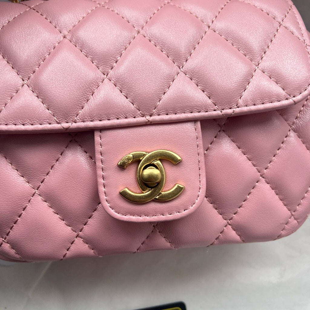 CHANEL - Lambskin Quilted Mini Top Handle Rectangular Flap Pink