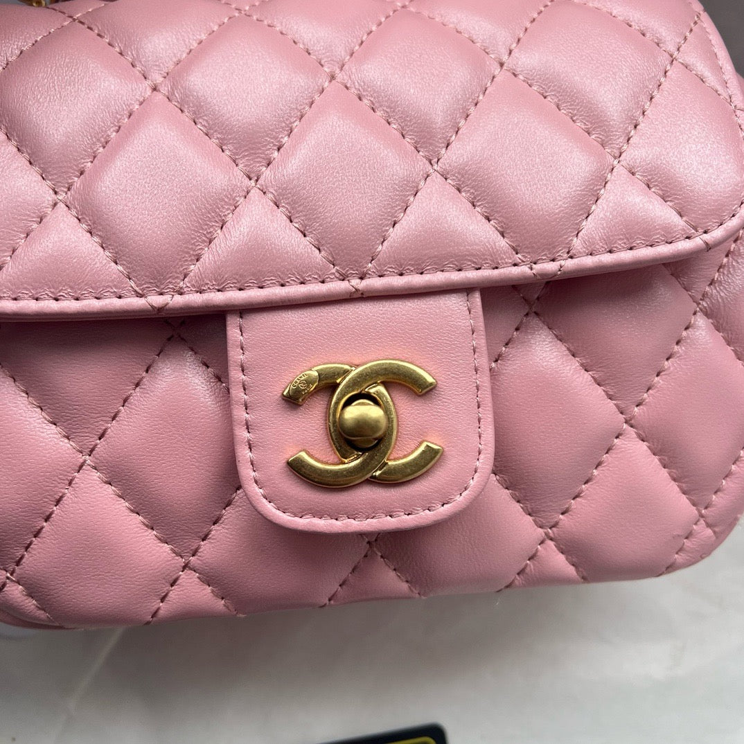 CHANEL - Lambskin Quilted Mini Top Handle Rectangular Flap Pink