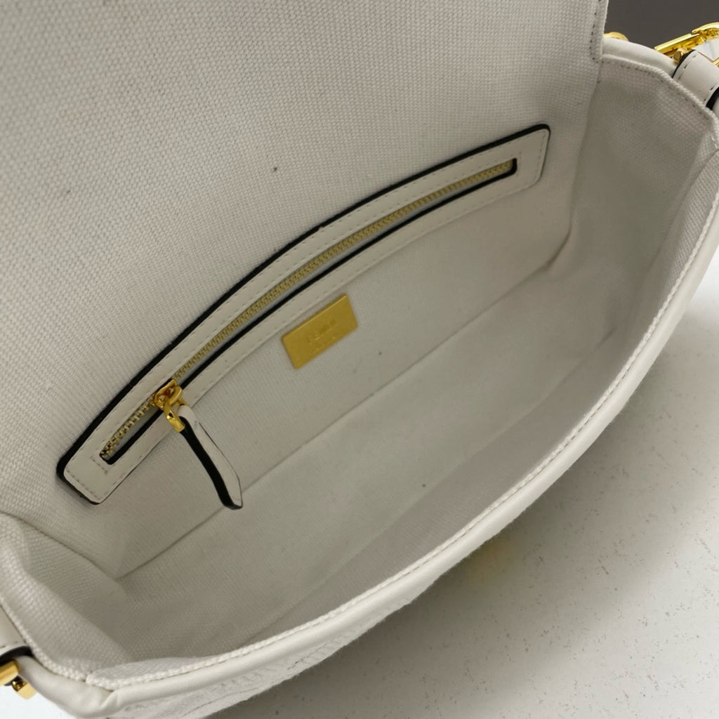 FENDI - Extra Baby white FF Cotton Canvas Medium Baguette Bag