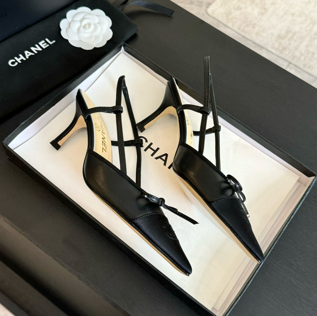 CHANEL - Vintage Iconic "CC"  Black Toe Cap Slingback Heels