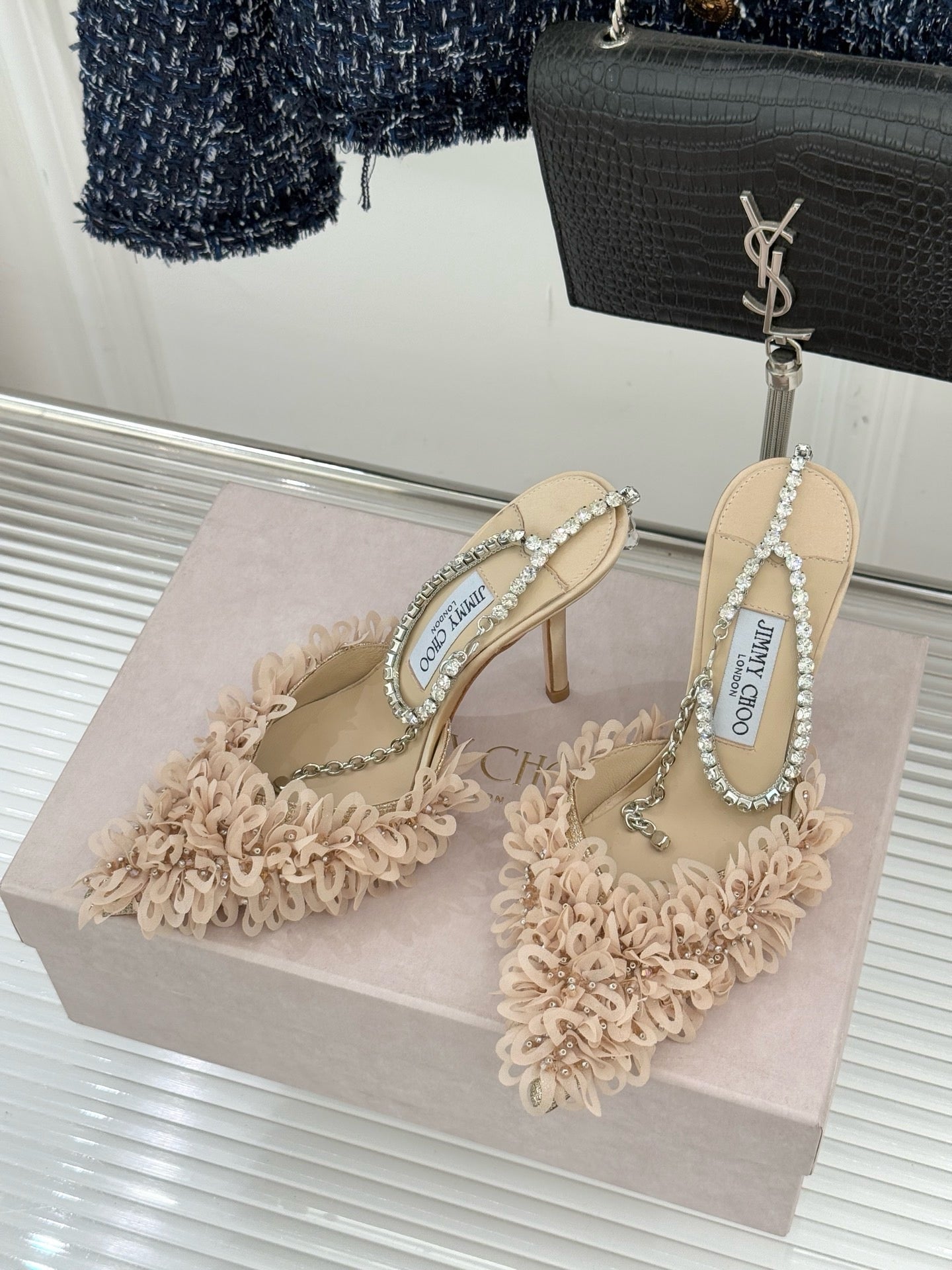 JIMMY CHOO - Mesh Pumps with Petal Embroidery and Crystal Chain