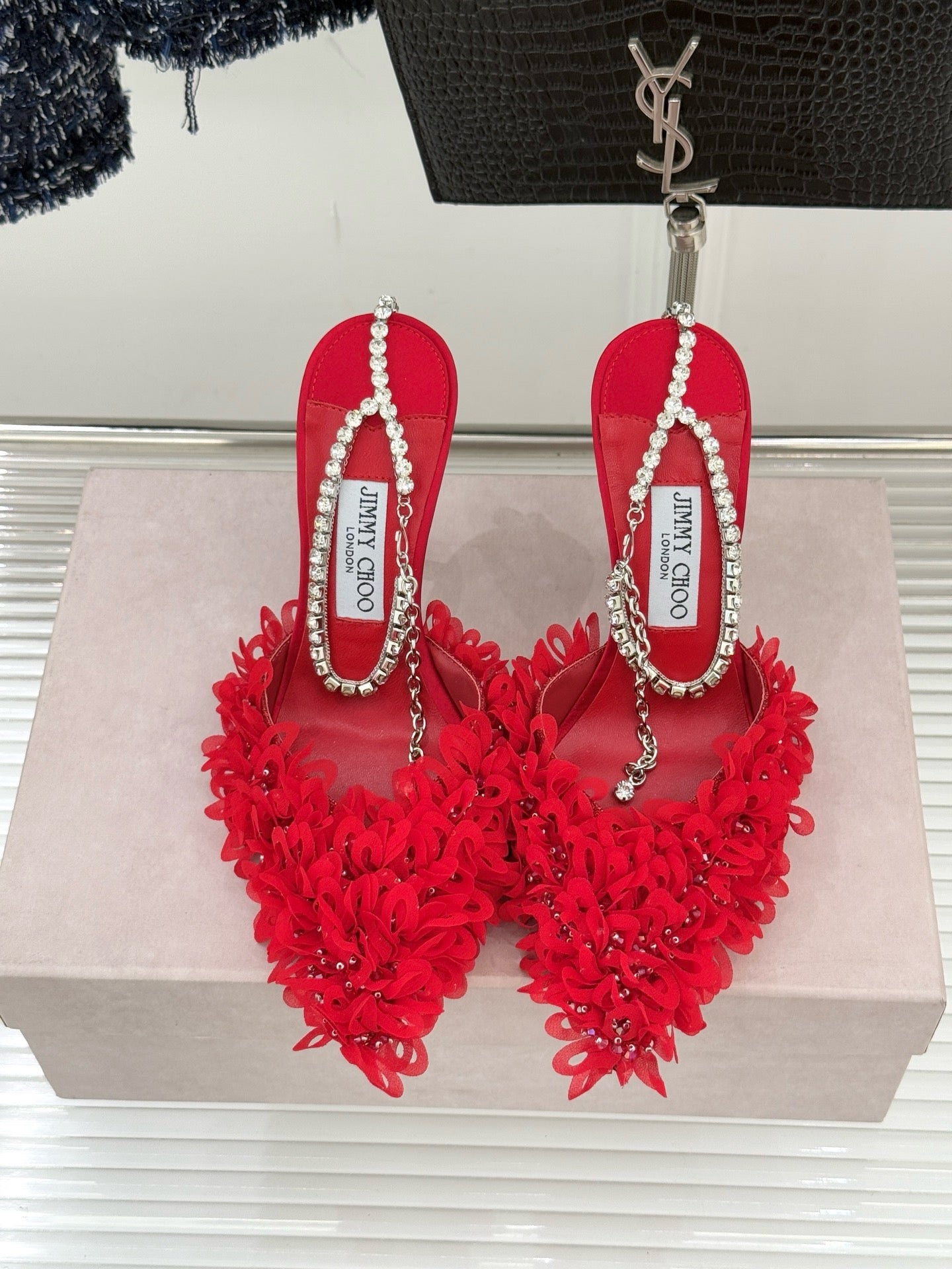 JIMMY CHOO - Mesh Pumps with Petal Embroidery and Crystal Chain