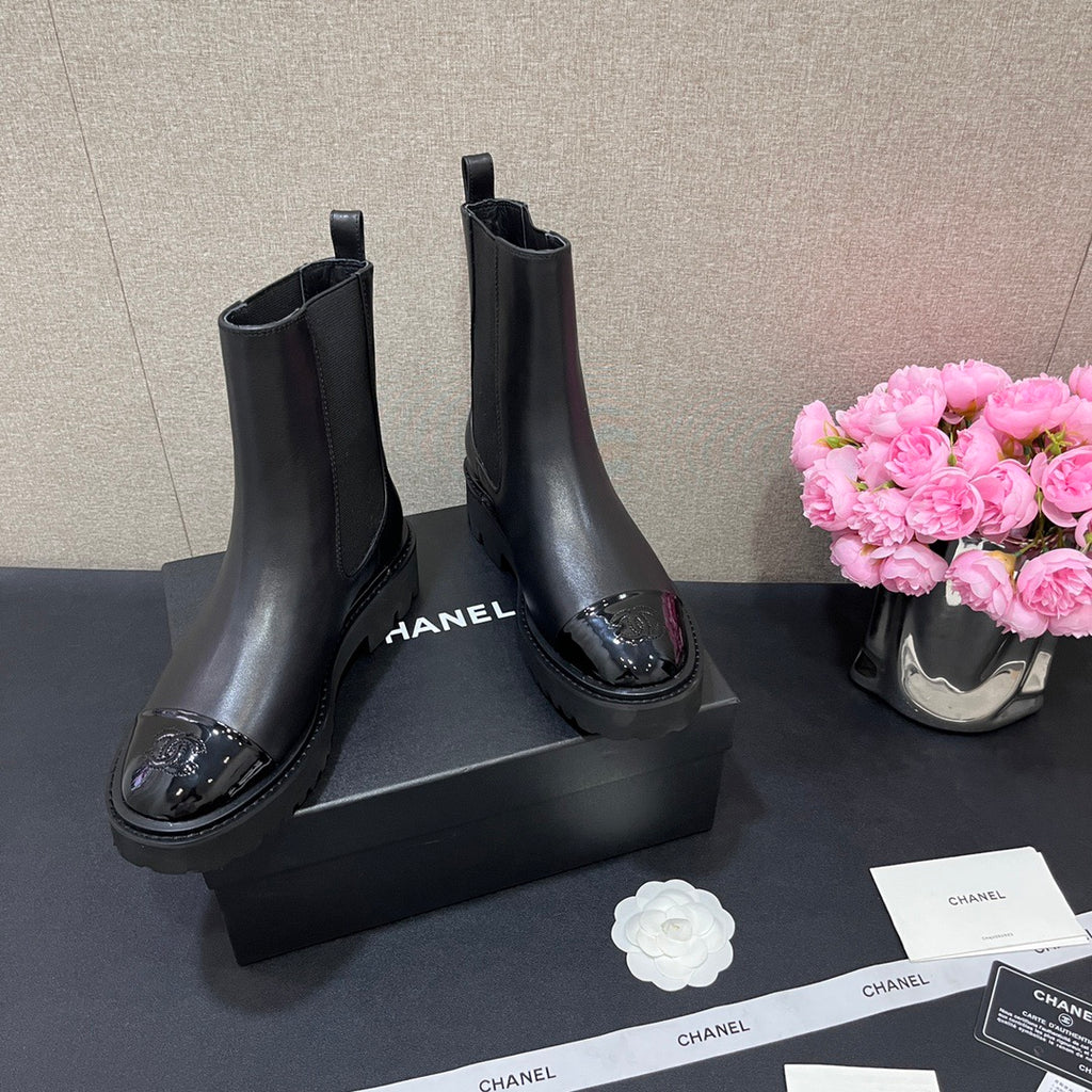 CHANEL - Crumpled Calfskin Patent Cap Toe Short Boots