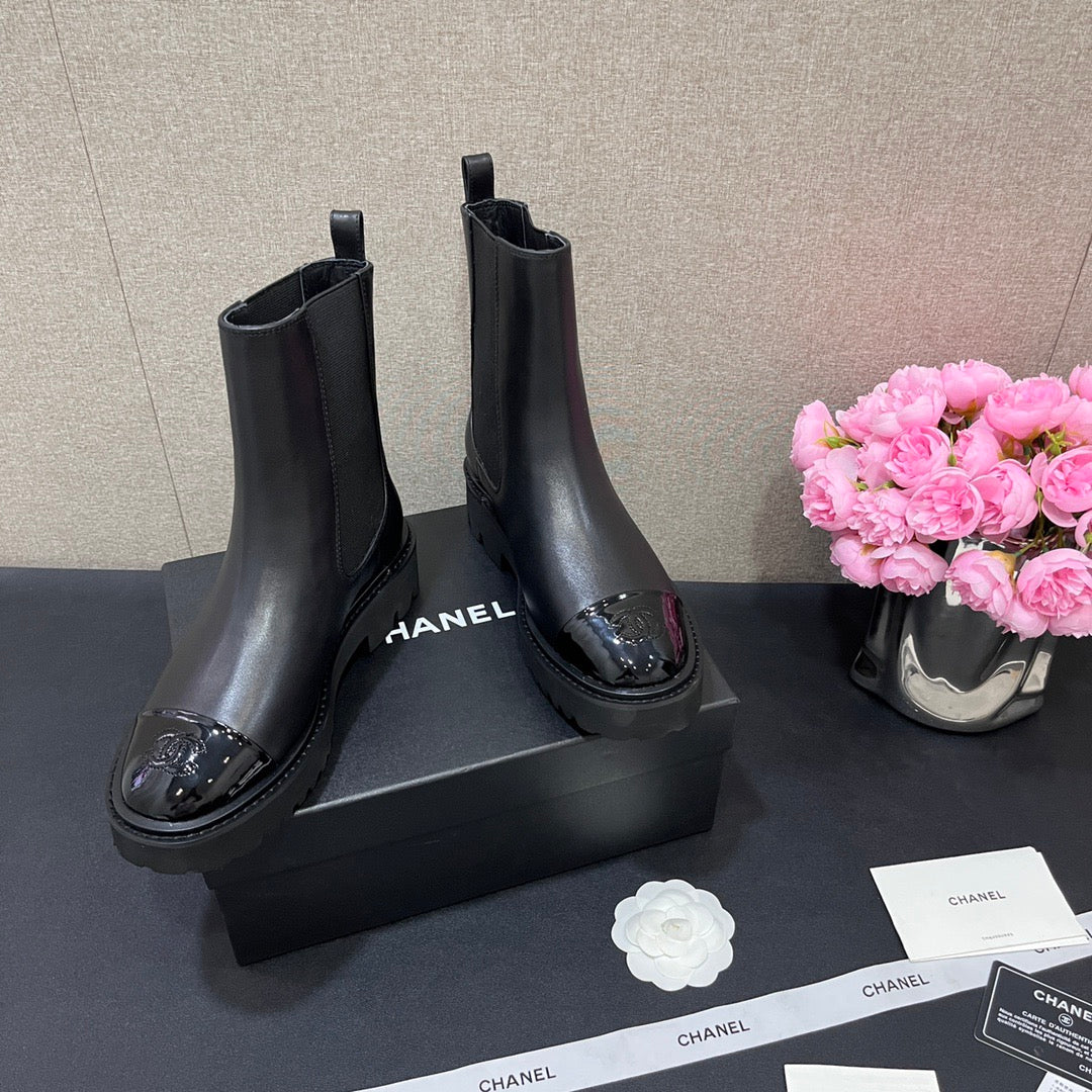 CHANEL - Crumpled Calfskin Patent Cap Toe Short Boots