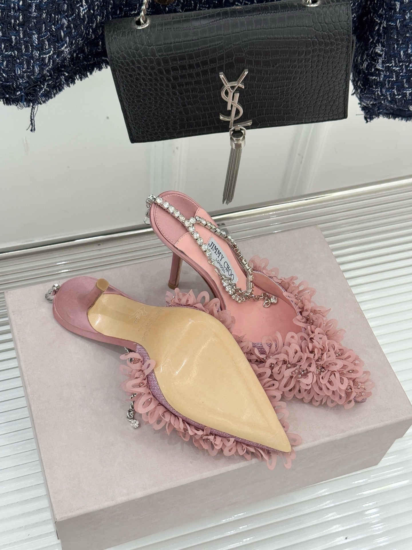 JIMMY CHOO - Mesh Pumps with Petal Embroidery and Crystal Chain