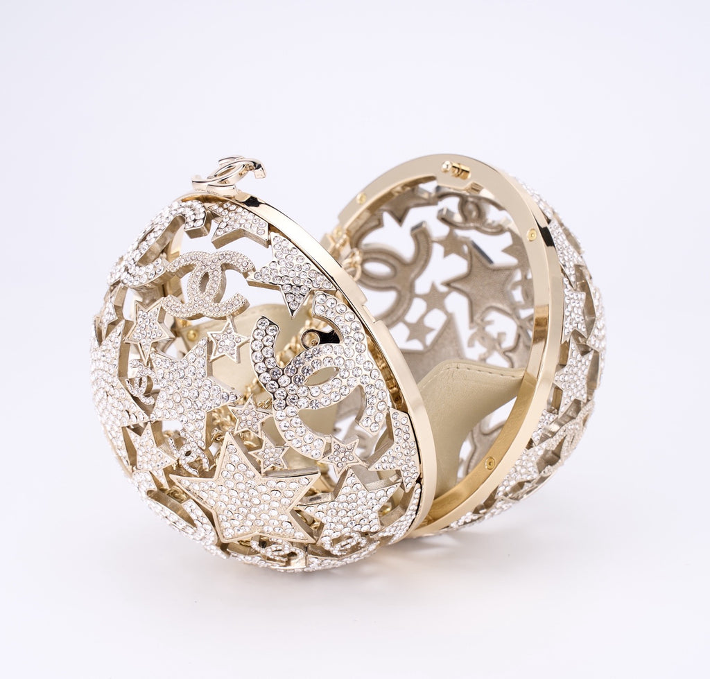 CHANEL - Gold Metal Strass Crystal Sphere Minaudiere Clutch Gold Hardware, 2025
