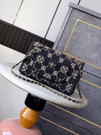 CHANEL - 21A Pearl Strass Crystal CC Medium Classic Double Flap Bag in Grey Wool Twill